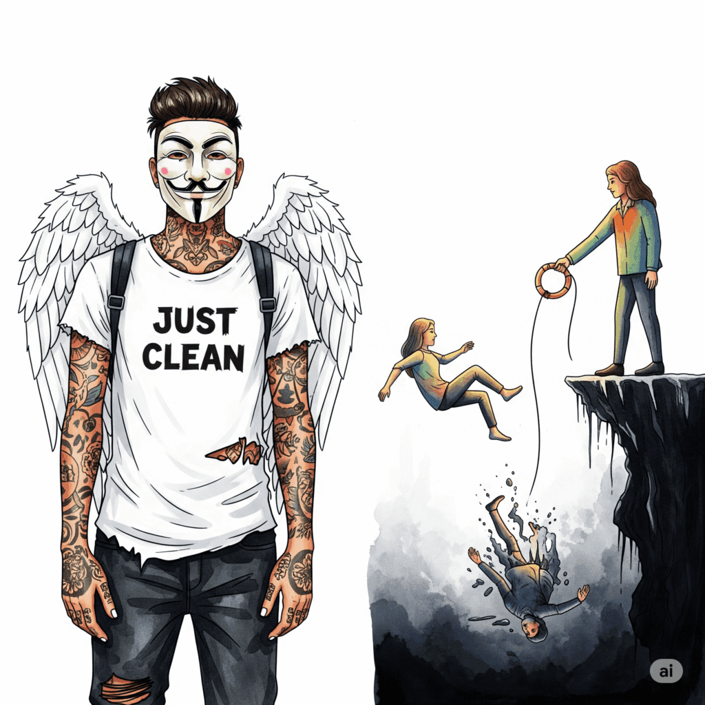 Eine stilisierte Grafik von zwei Personen. Eine Person fällt in einen dunklen Abgrund. Die andere Person steht sicher am Rand und wirft ihr ein Seil (einen Rettungsring) zu, anstatt mit hineinzuspringen. Symbolisiert gesundes Helfen vs. Co-Abhängigkeit. "gesundes Helfen bei Sucht", "Abstand halten", "Co-Abhängigkeit vermeiden"