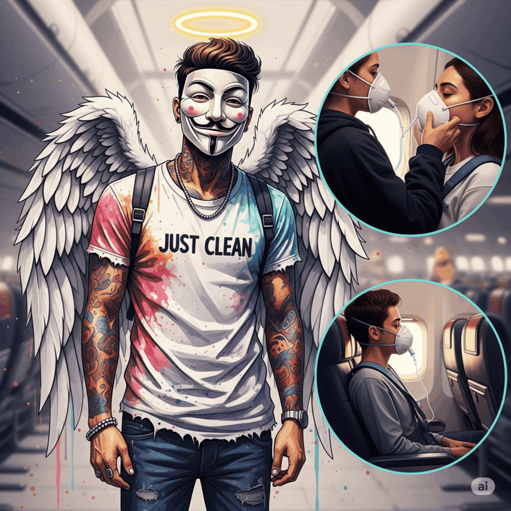 Eine Person in einem Flugzeug, die sich zuerst selbst die Sauerstoffmaske aufsetzt, bevor sie einer anderen Person hilft. Symbolisiert die Notwendigkeit der Selbstfürsorge. "Selbstfürsorge für Angehörige", "eigene Sauerstoffmaske zuerst", "sich selbst schützen"