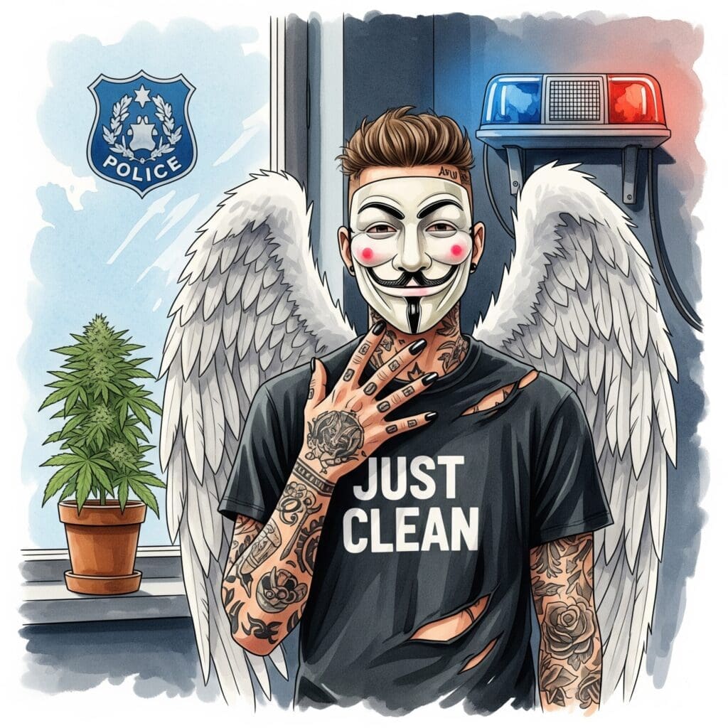 Eine Hanfpflanze auf einer Fensterbank mit einem Polizeilicht im Hintergrund (stilisiert). Cannabis Legalisierung Hausdurchsuchung Abhängigkeit