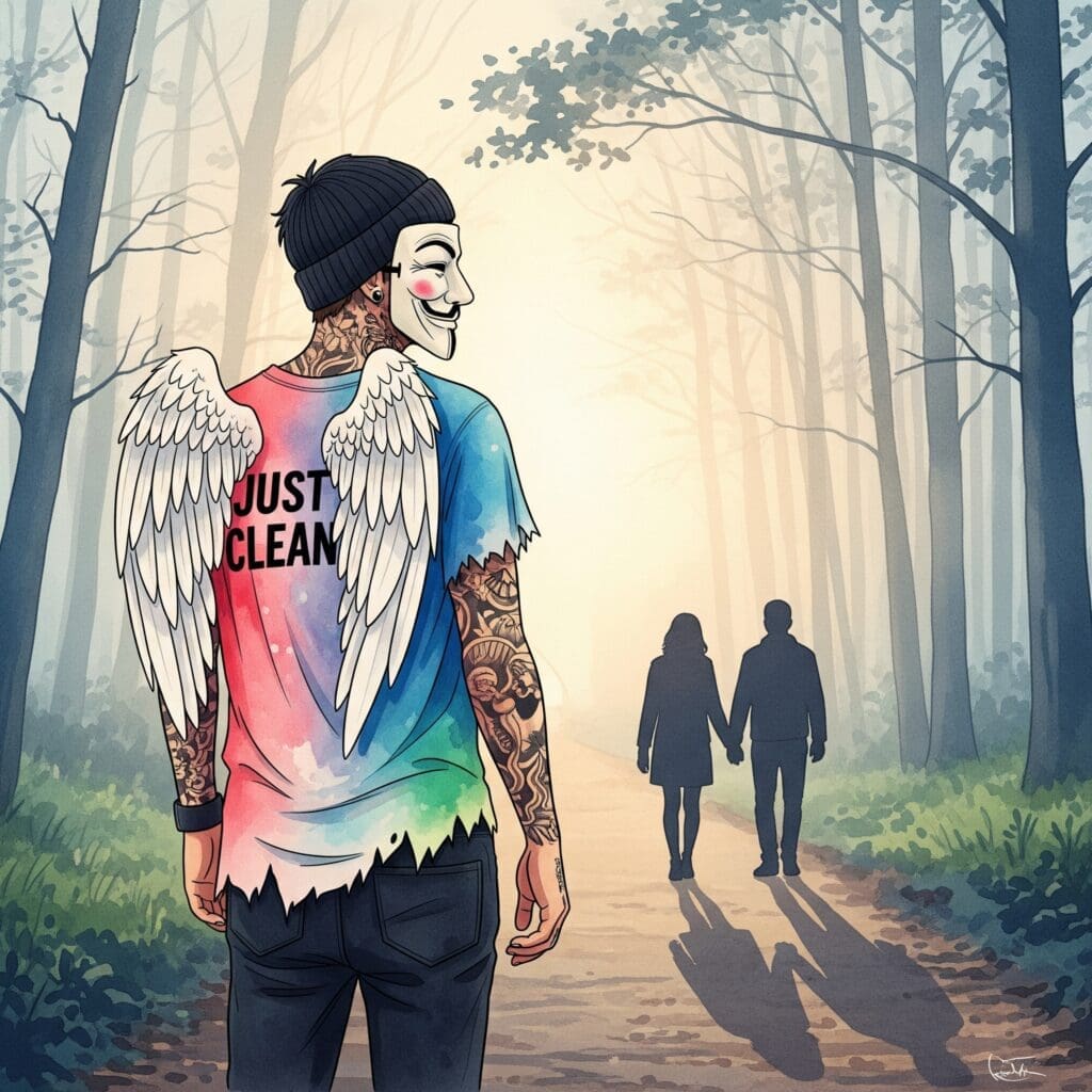 Ein nebliger Waldweg, auf dem zwei Personen (nur als Silhouetten erkennbar) nebeneinander gehen. Symbolisiert den gemeinsamen Weg, das Gespräch und die leicht mystische, aber hoffnungsvolle Stimmung. "Gespräch im Wald", "zweite Chance", "gemeinsam durch den Nebel"