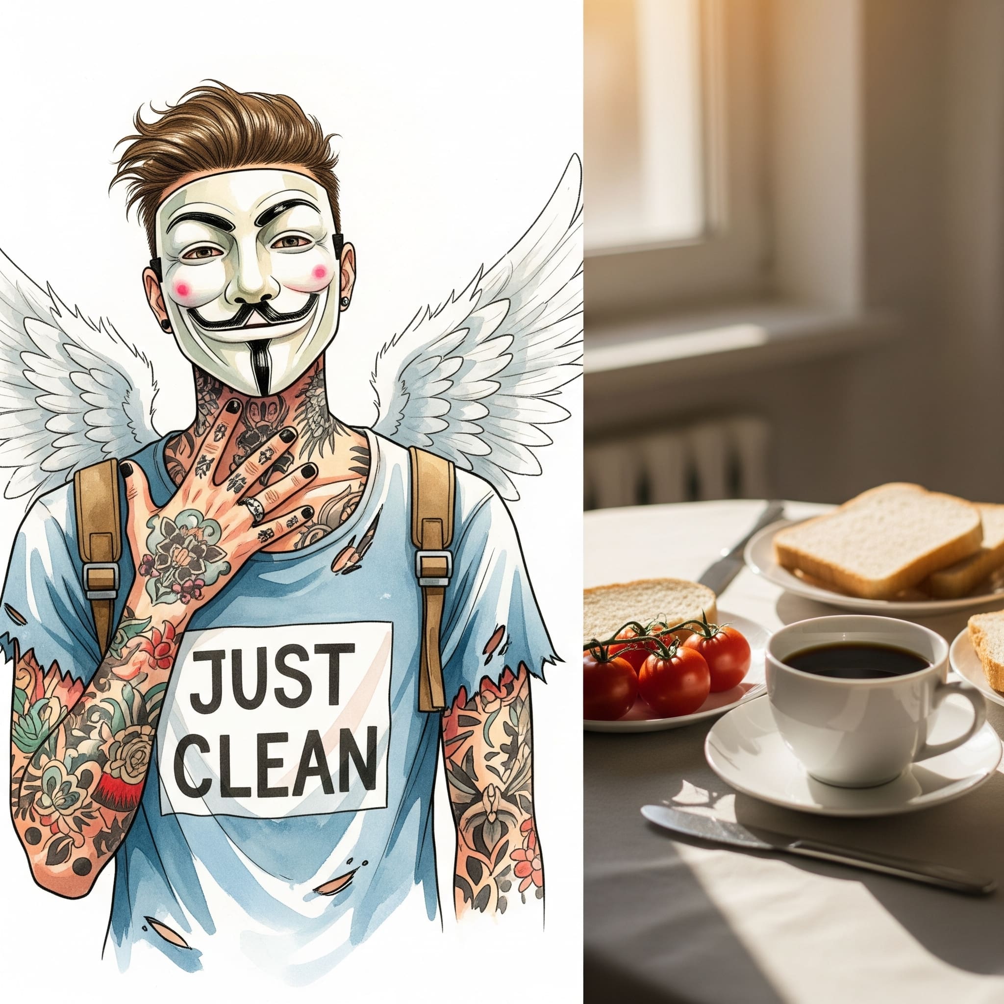 Eine Nahaufnahme eines gedeckten Frühstückstisches, mit einer Tasse Kaffee, Toast und frischen Tomaten. Das Licht ist warm und morgendlich. "Dankbarkeit am Morgen", "einfache Freuden im Entzug", "clean frühstücken"