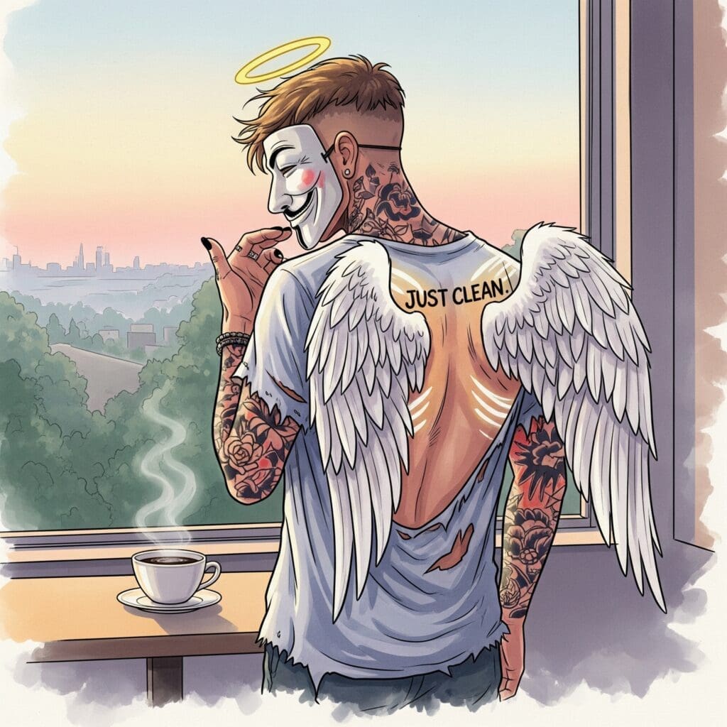 Eine dampfende Kaffeetasse steht auf einem Tisch vor einem Fenster, durch das man die noch dämmerige Stadt sieht. Symbol für den frühen Start und das Ritual. "Morgenritual im Entzug", "Kaffee am Morgen", "clean in den Tag starten"