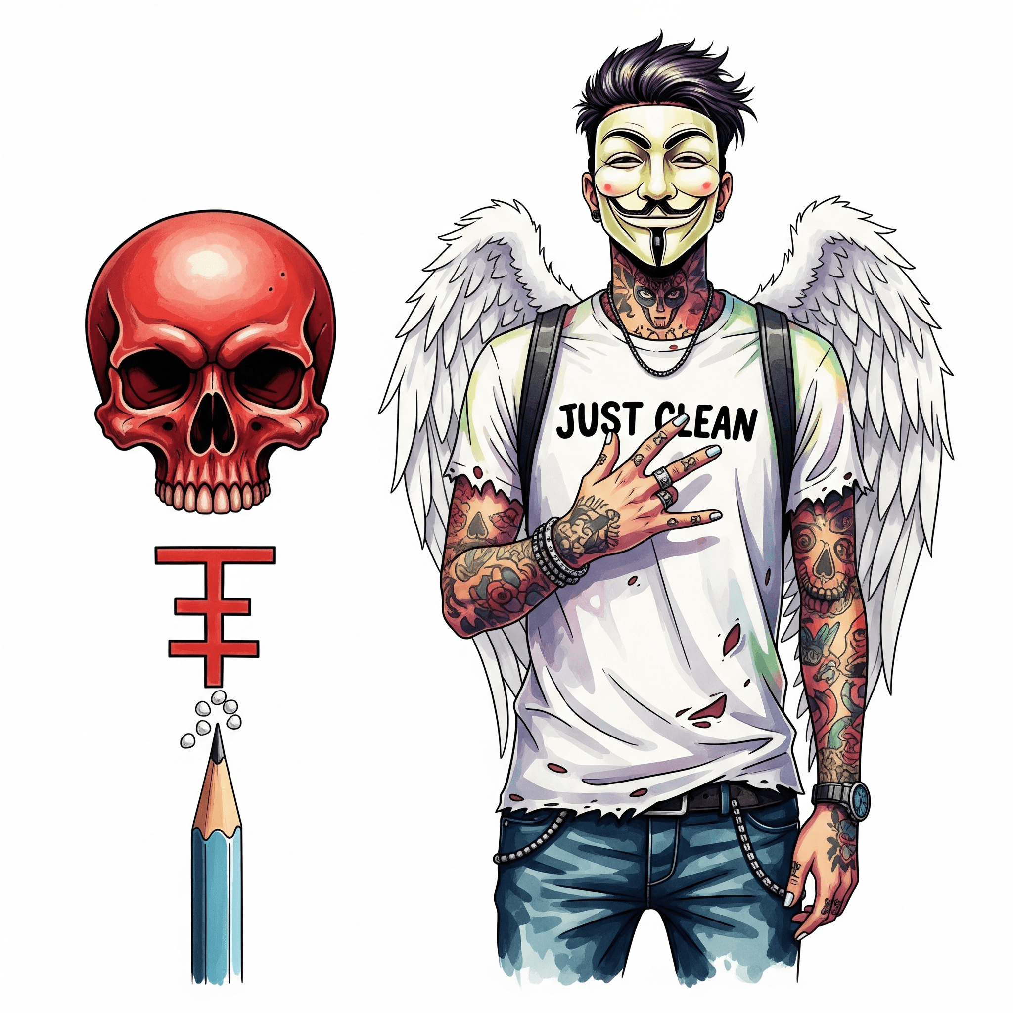 Ein sehr grafisches Bild. Ein einzelner Bleistift, auf dessen Spitze ein paar winzige weiße Körnchen liegen. Daneben ein großes, rotes Totenkopf-Symbol ☠️. Symbolisiert die winzige, aber tödliche Dosis "tödliche Dosis Fentanyl", "Fentanyl Potenz", "Gefahr synthetische Opioide"