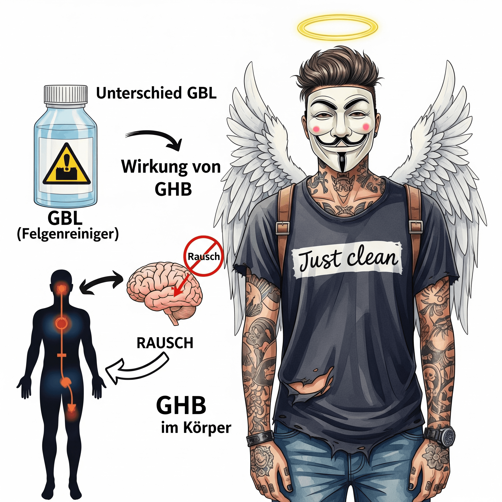 Eine Grafik, die den Prozess zeigt. Links eine Flasche mit einem Industrie-Warnsymbol und der Aufschrift "GBL (Felgenreiniger)". Ein Pfeil zeigt auf eine stilisierte Silhouette eines Körpers. Ein weiterer Pfeil zeigt von dort zu einem Gehirn mit einem "Rausch"-Symbol und der Aufschrift "GHB". Symbolisiert die Umwandlung im Körper. "Unterschied GBL GHB", "Wirkung von GBL", "GHB im Körper"