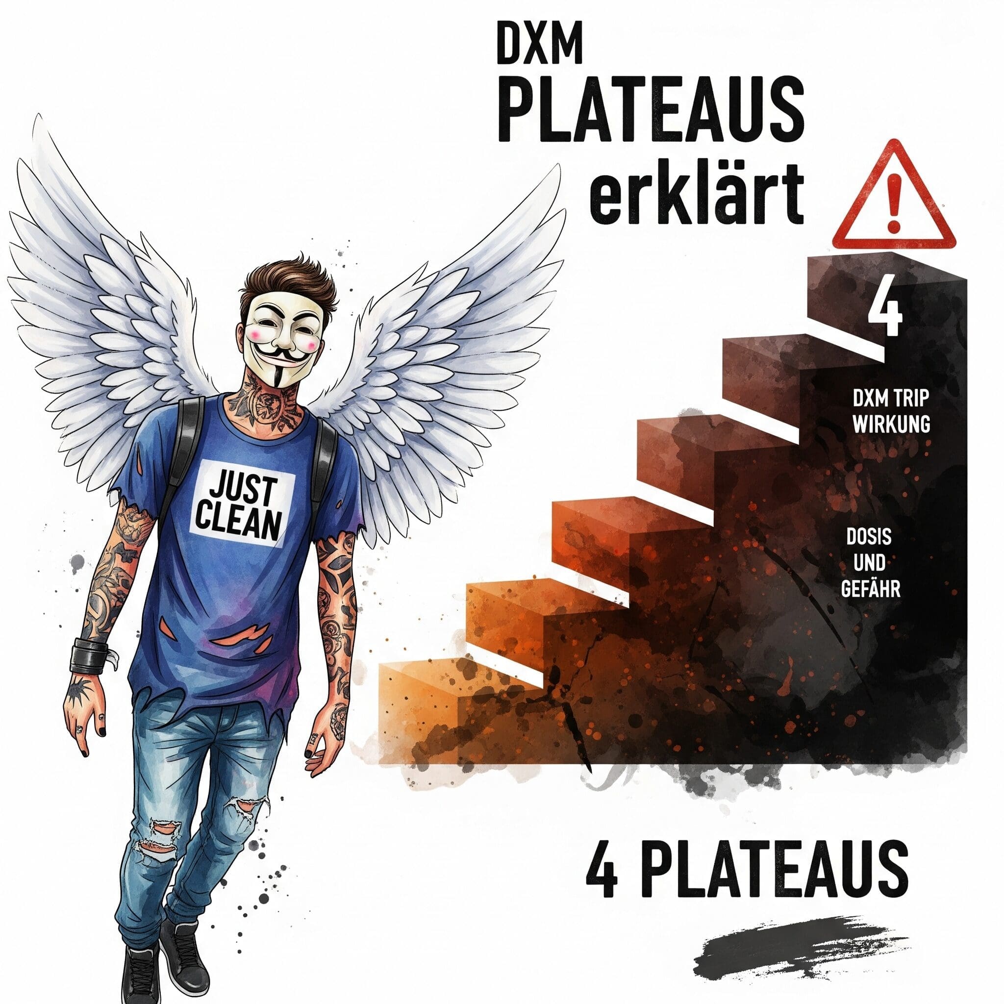 Eine Grafik, die die "4 Plateaus" als Treppe darstellt. Jede Stufe wird dunkler und chaotischer. Oben auf der vierten Stufe steht ein großes Warnsymbol. Symbolisiert die Eskalation der Gefahr mit steigender Dosis. "DXM Plateaus erklärt", "DXM Trip Wirkung", "Dosis und Gefahr"