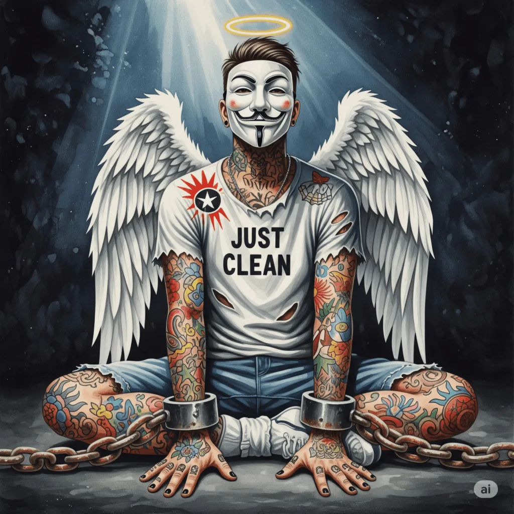 Ein dunkles, symbolisches Bild. Man sieht eine Person, die von schweren, rostigen Ketten (Symbol für Sucht) am Boden gehalten wird, während im Hintergrund ein Lichtstrahl (Symbol für Hilfe) zu sehen ist.  "Heroinabhängigkeit", "aus der Sucht befreien", "Opioid-Entzug"