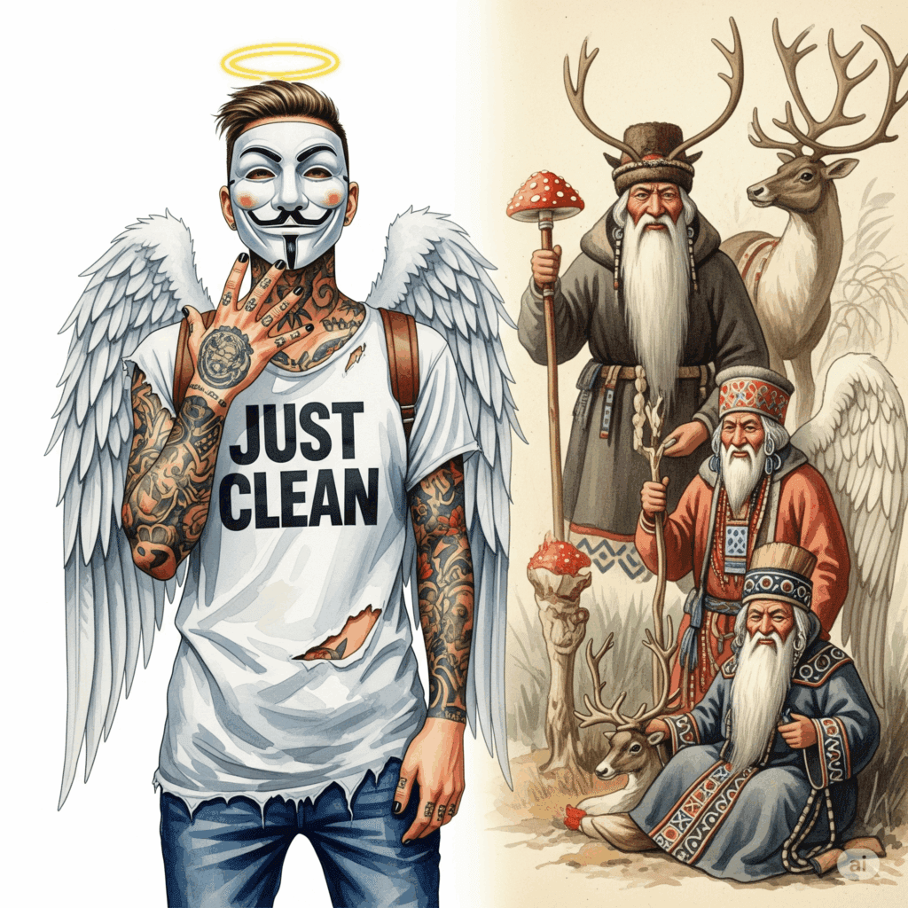 Eine alte, historische Illustration und ein Gemälde, das sibirische Schamanen mit Fliegenpilz-Motiven und Rentieren zeigt. Symbolisiert die tiefe kulturelle und historische Bedeutung. "sibirischer Schamanismus", "Fliegenpilz Geschichte", "schamanische Rituale"
