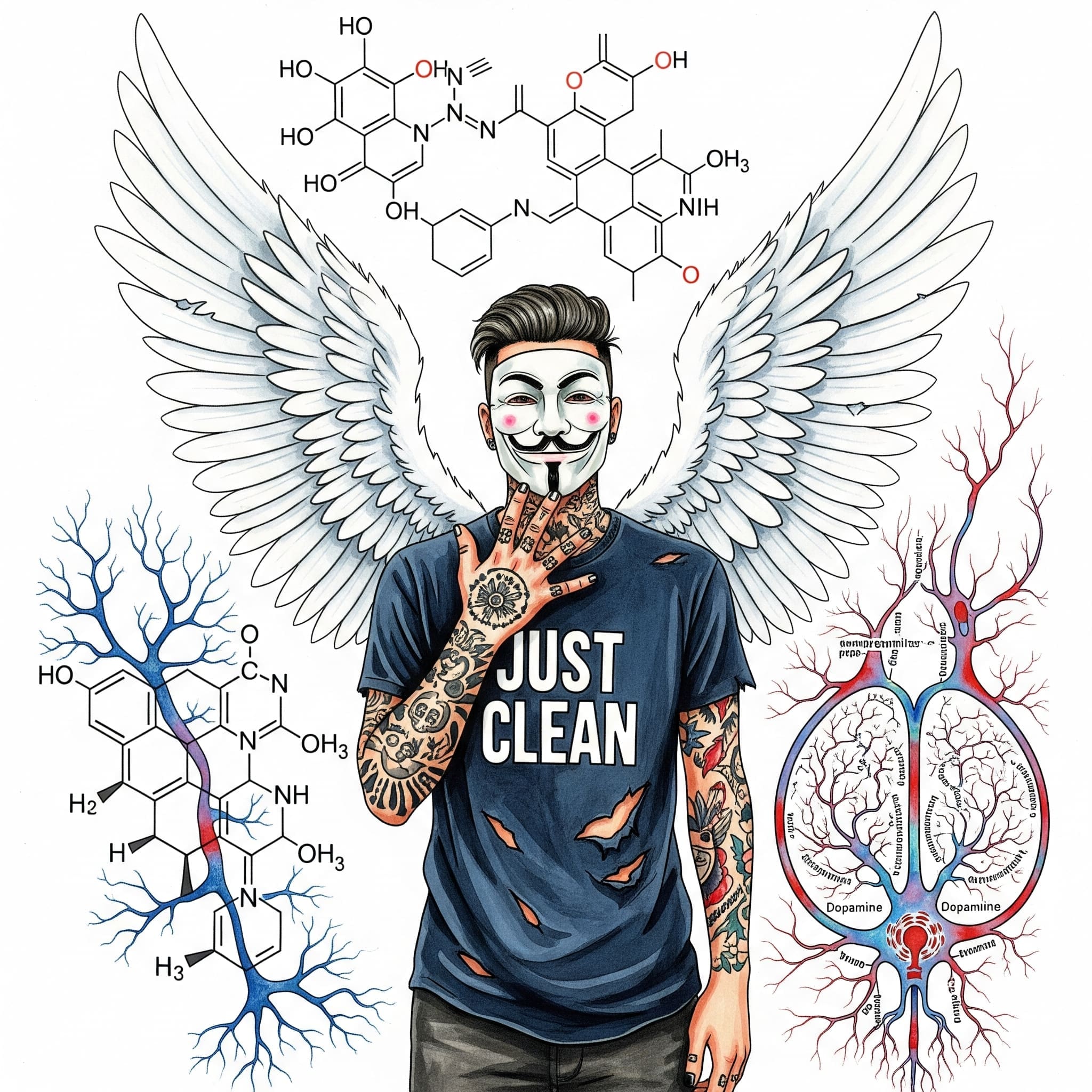 Ein Bild von Molekülstrukturen oder stilisierten Gehirn-Synapsen.
Keywords für Bild: Amphetamine Chemie, Dopamin Synapse, Neurotransmitter