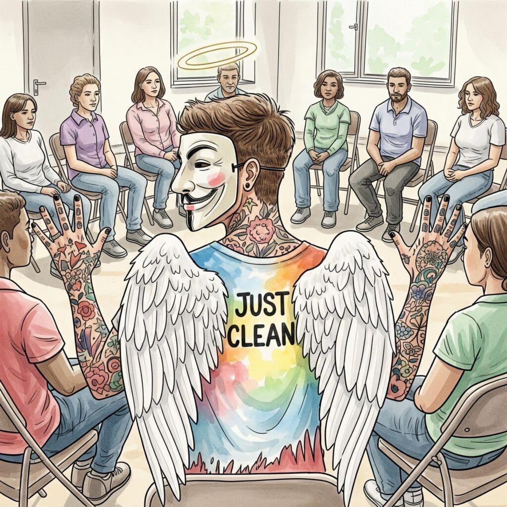 Eine Gruppe von Menschen verschiedener Altersgruppen sitzt in einem Stuhlkreis und redet. Die Atmosphäre ist offen und vertrauensvoll. Symbolisiert die Selbsthilfegruppe. "Selbsthilfegruppe Sucht", "Erfahrungen teilen", "Gemeinschaft in Recovery"