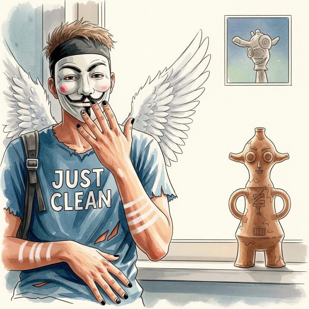 Eine Nahaufnahme einer Töpfer- Tonfigur (abstrakt und alien-ähnlich), die auf einer Fensterbank steht. Das Licht ist nachdenklich. Symbolisiert die hinterlassenen Spuren und die Erinnerung an den Kampf. "Erinnerung an Entzug", "kreative Skills Sucht", "Vergangenheit verarbeiten"