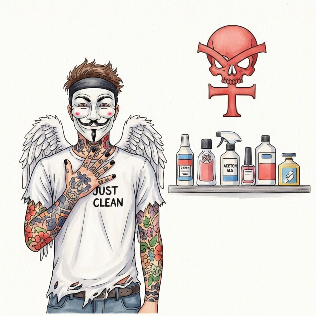 Eine Reihe von unscheinbaren Haushaltsprodukten (Nagellackentferner, Farblöser etc.) steht auf einem Regal. Über der Reihe schwebt ein großes, rotes Totenkopf-Symbol ☠️. Symbolisiert die versteckte Gefahr im Alltäglichen. "Gefahr von Schnüffelstoffen", "Aceton als Droge", "giftige Haushaltsprodukte"