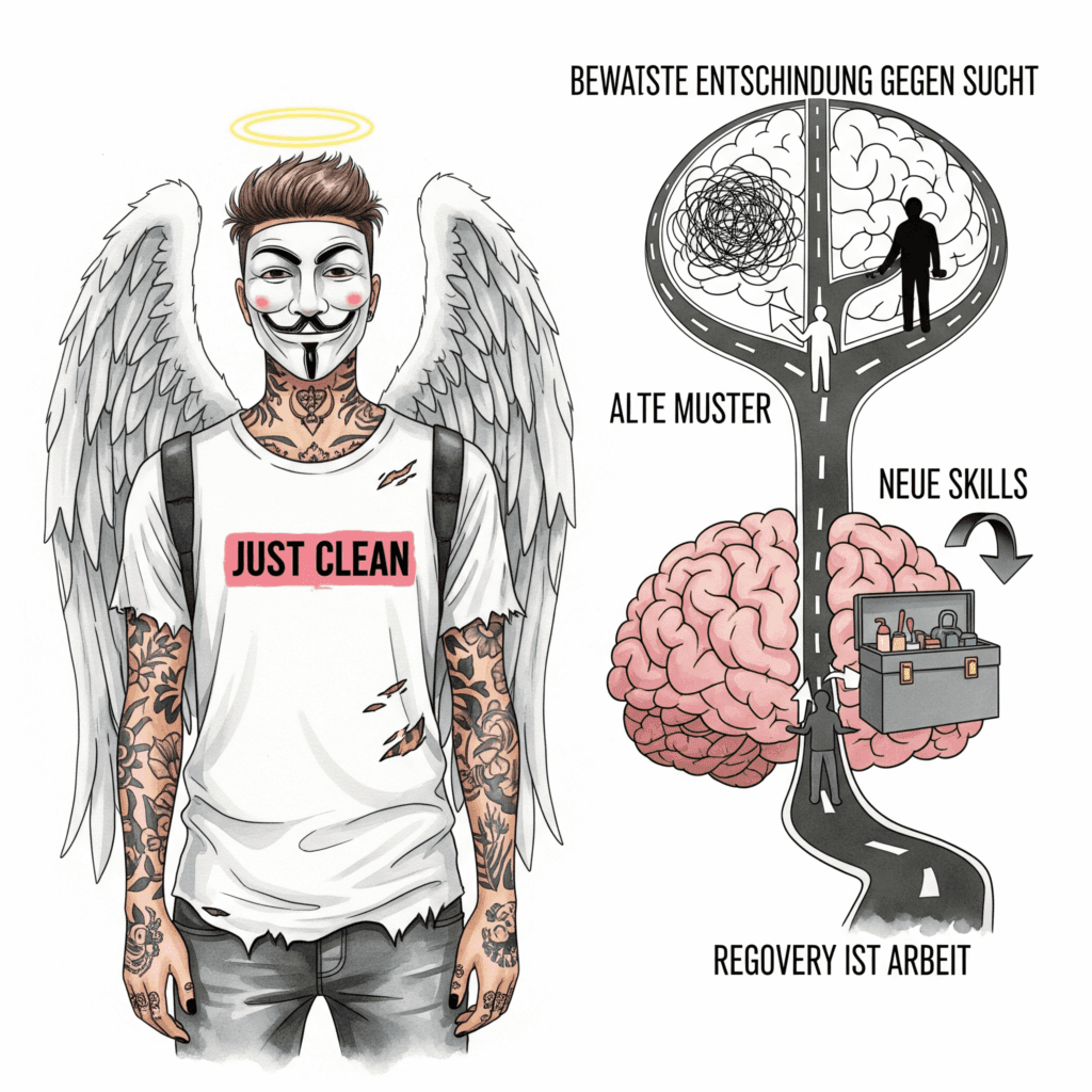 Eine stilisierte Grafik einer Weggabelung im Gehirn. Ein Weg führt zu einem chaotischen Knäuel ("Alte Muster"), der andere zu einem Werkzeugkasten ("Neue Skills"). Eine Figur wählt bewusst den Werkzeugkasten. "bewusste Entscheidung gegen Sucht", "Skills anwenden", "Recovery ist Arbeit"