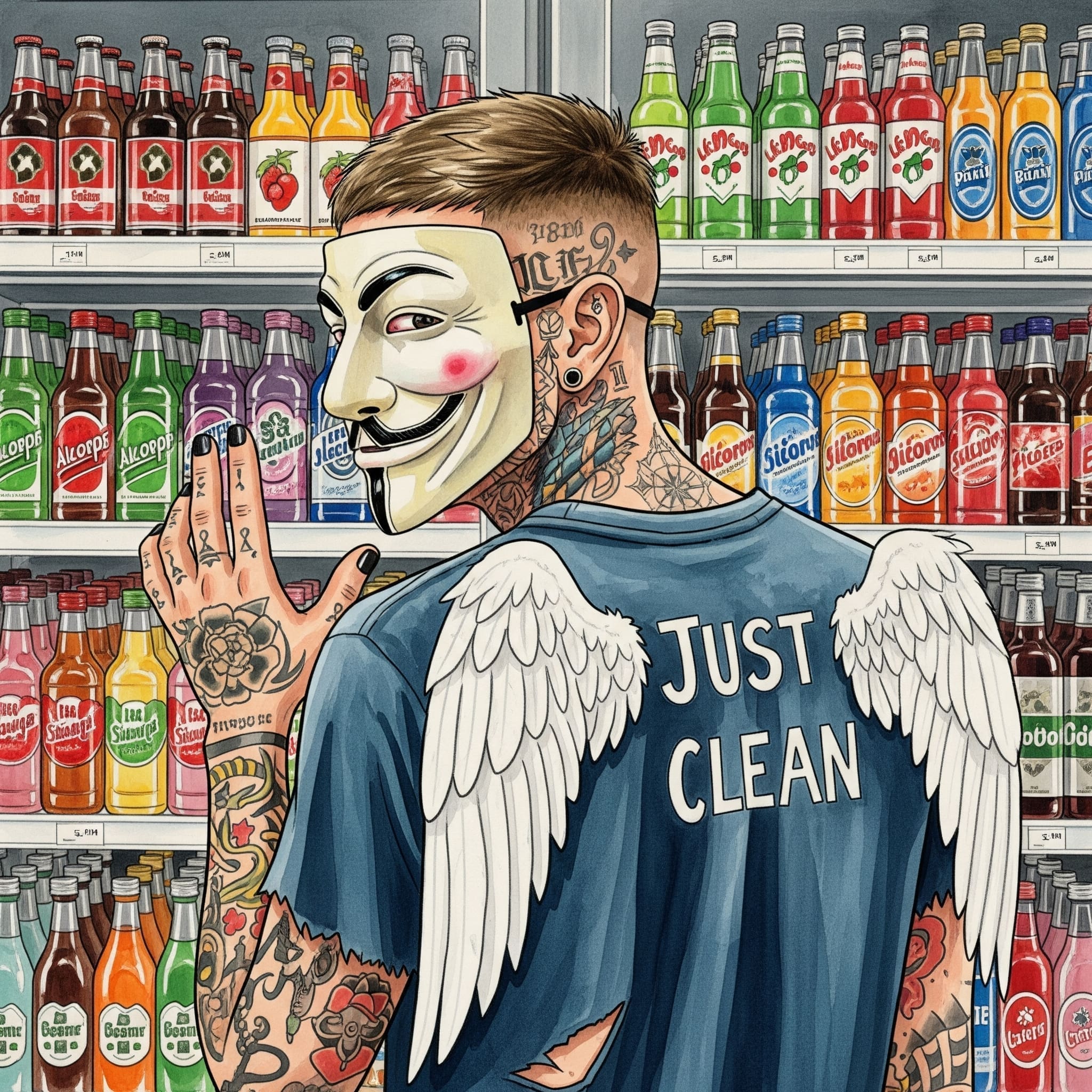 Eine Nahaufnahme eines bunten, hell erleuchteten Kühlregals in einem Späti, das voll mit verschiedenen Alcopop-Flaschen und -Dosen ist. Symbolisiert die alltägliche Versuchung. "Alcopops im Supermarkt", "bunte alkoholische Getränke", "Versuchung Alkohol"