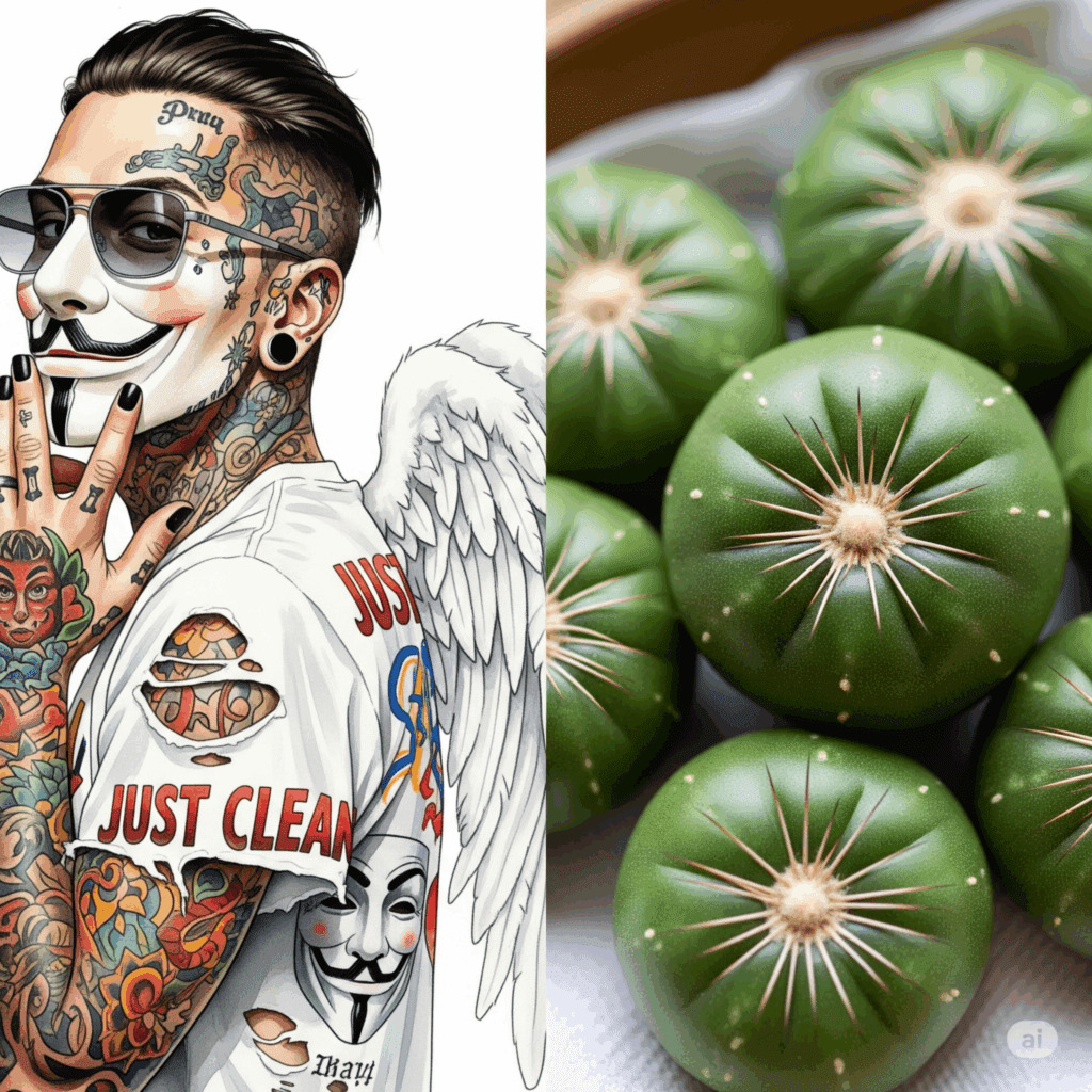 Eine Nahaufnahme von mehreren Peyote-"Buttons". Die kleinen, grünen, runden Kakteen liegen vielleicht in einer Schale oder auf einem Tuch. Man erkennt die typische, sternförmige Behaarung in der Mitte. "Peyote Kaktus", "Lophophora williamsii", "Mescalin Buttons"