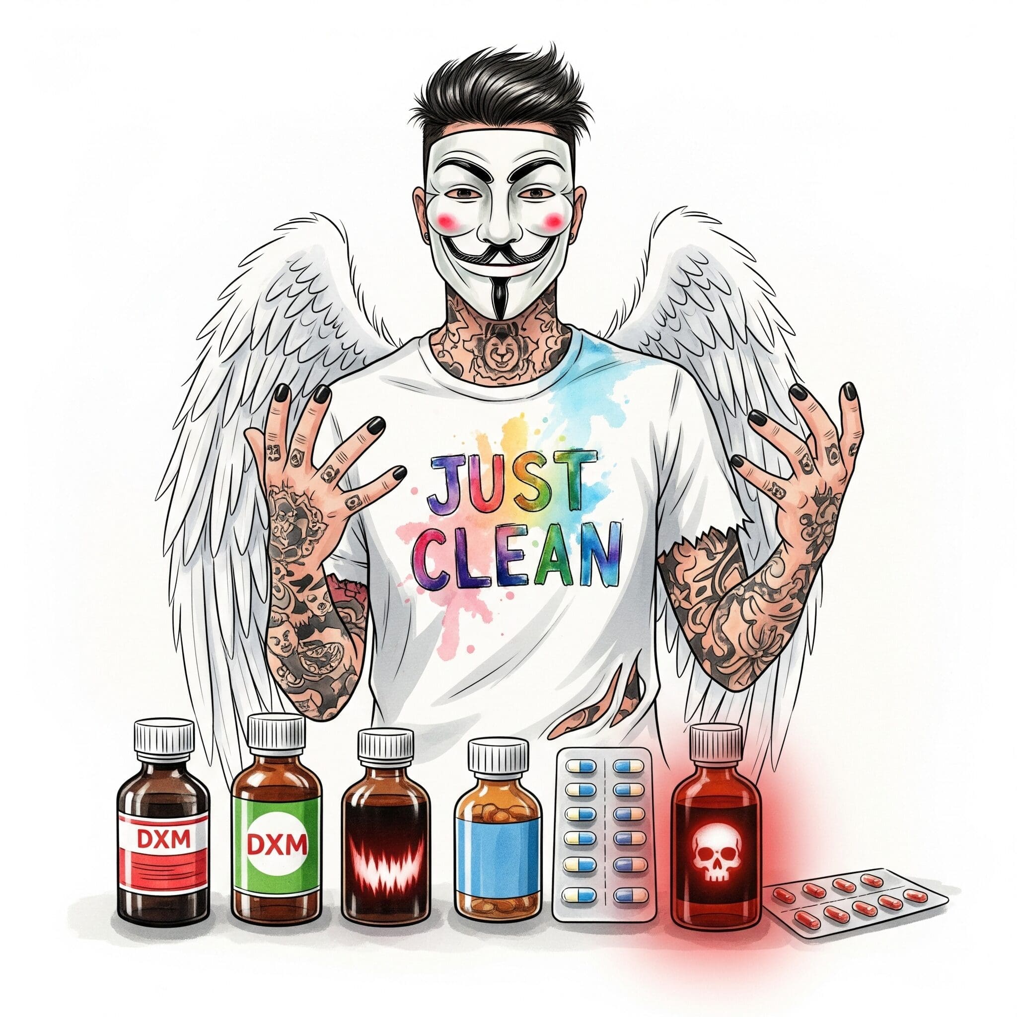 Eine Reihe von gewöhnlichen Hustensaft-Flaschen und Tabletten-Blistern. Eine der Flaschen leuchtet aber bedrohlich rot oder hat ein Totenkopf-Symbol auf dem Etikett. Symbolisiert die versteckte Gefahr in alltäglichen Produkten."DXM als Droge", "Hustenstiller Missbrauch", "Gefahr aus der Apotheke"