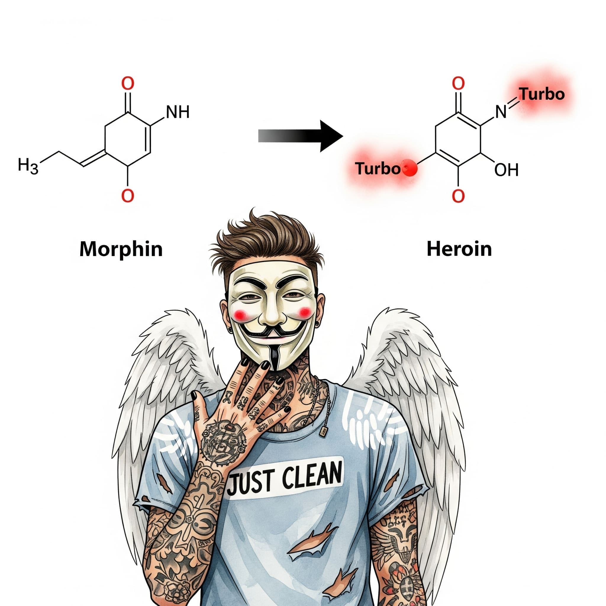 Eine stilisierte Grafik. Links ein einfaches Molekül mit der Aufschrift "Morphin". Ein Pfeil zeigt nach rechts zu einem fast identischen Molekül, an dem aber zwei kleine, rot leuchtende "Turbo"-Gruppen hängen. Die Aufschrift hier ist "Heroin". Symbolisiert den Tuning-Prozess. "Acetylierung von Morphin zu Heroin", "chemischer Prozess Drogen", "Unterschied Morphin Heroin"