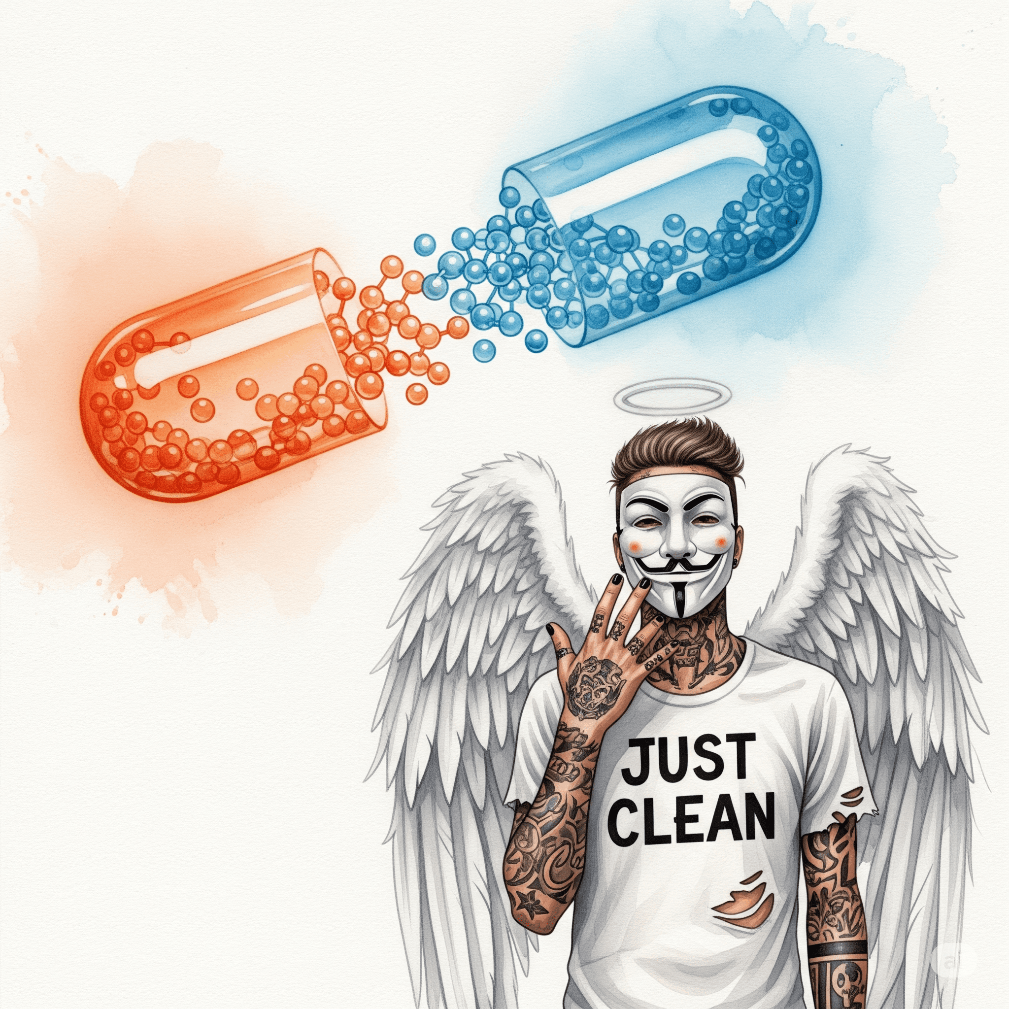 Eine stilisierte Grafik, die eine Kapsel zeigt. Aus der Kapsel treten langsam und gleichmäßig über viele Stunden hinweg kleine Wirkstoff-Moleküle aus. Symbolisiert die Retard-Wirkung. "Retard-Wirkung erklärt", "Substitol Kapsel", "langsame Wirkstofffreisetzung"