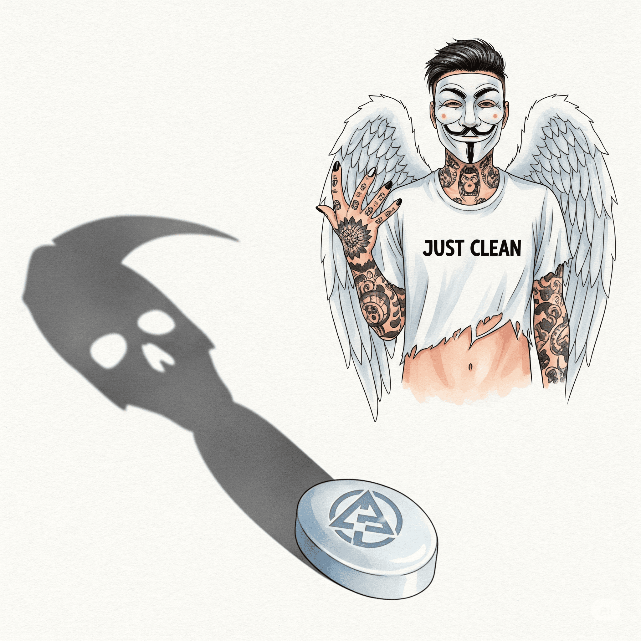 Ein Foto von einer einzelnen, harmlos aussehenden Ecstasy-Pille mit einem bekannten Logo. Der Schatten, den die Pille wirft, ist aber der eines Sensenmanns oder eines Totenkopfs. Symbolisiert die versteckte, tödliche Gefahr "PMA Droge", "gefälschte Ecstasy Pille", "Dr. Death"