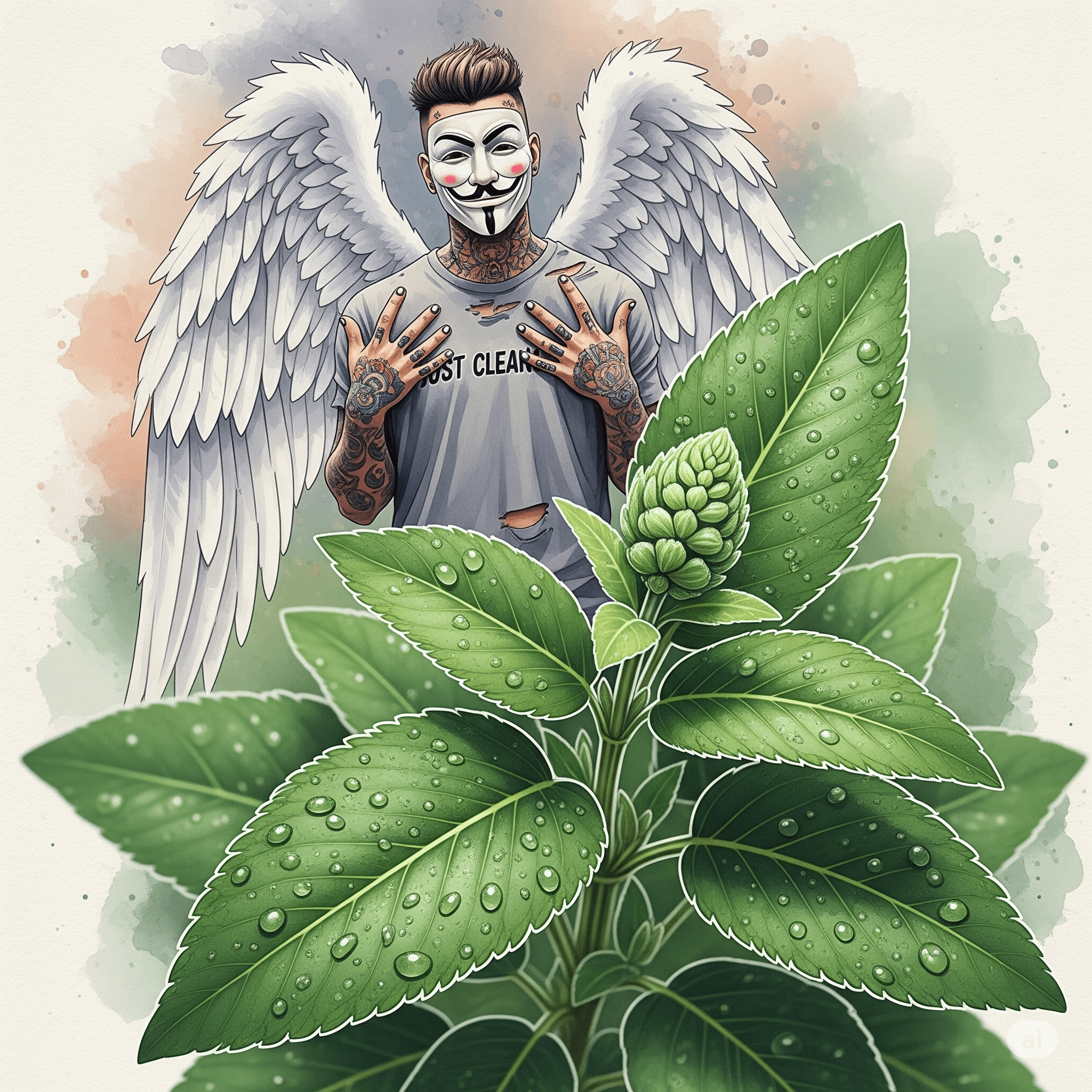 Eine hochwertige Nahaufnahme der charakteristischen, großen, grünen Blätter der Salvia divinorum Pflanze. Die Blätter mit Tautropfen bedeckt sein, was ihnen eine mystische Aura verleiht. "Salvia divinorum Pflanze", "Wahrsagesalbei Blätter", "Salvinorin A"