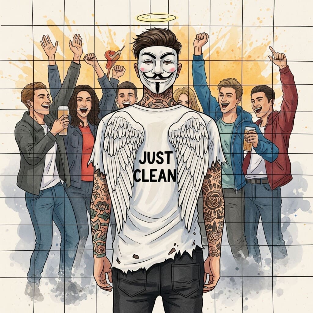 Eine Person schaut auf einen alten Freundeskreis, der feiert. Die Szene ist aber durch ein Gitter oder einen Zaun getrennt. Symbolisiert, dass alte Kontakte oder Orte zu Triggern werden können. "Trigger für Rückfall", "Suchtgedächtnis aktivieren", "alte Kontakte meiden"