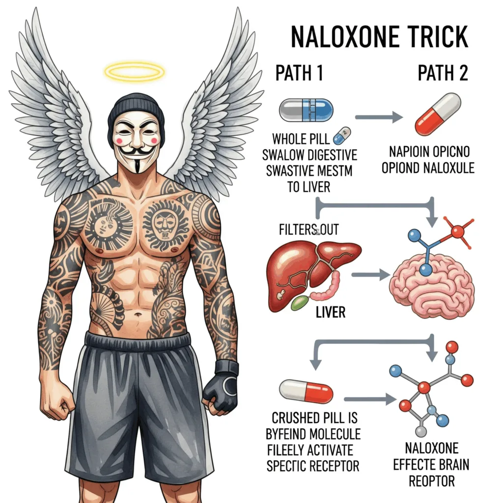 Eine Grafik, die den "Trick mit Naloxon" erklärt. Links eine Tablette, die geschluckt wird -> Leber-Symbol filtert Naloxon raus -> Gehirn-Rezeptor wird aktiviert. Rechts eine zerstoßene Tablette und eine Spritze -> Naloxon umgeht die Leber -> Gehirn-Rezeptor wird blockiert. "Wirkung Tilidin mit Naloxon", "Abuse-Deterrent Formulierung", "Valoron N"