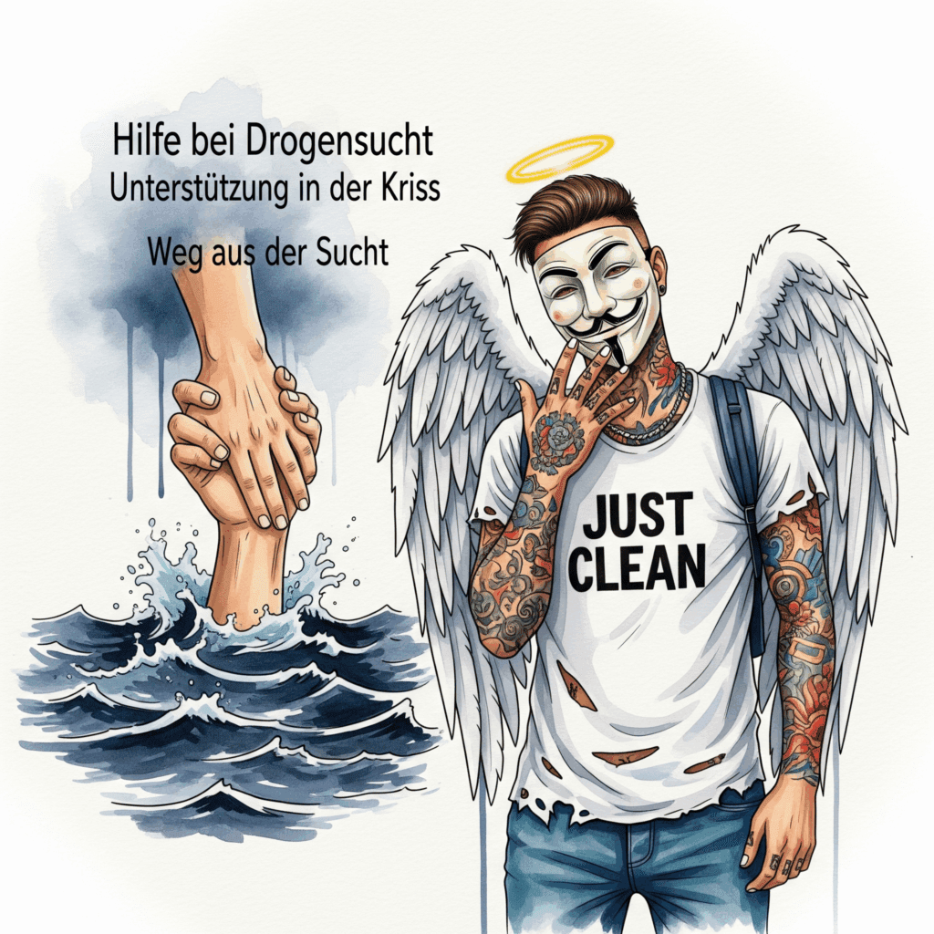 Eine Hand, die einer anderen Hand aus einem dunklen, stürmischen Wasser hilft. Die Geste ist rettend und hoffnungsvoll. Symbolisiert das Annehmen von professioneller Hilfe. "Hilfe bei Drogensucht", "Unterstützung in der Krise", "Weg aus der Sucht"