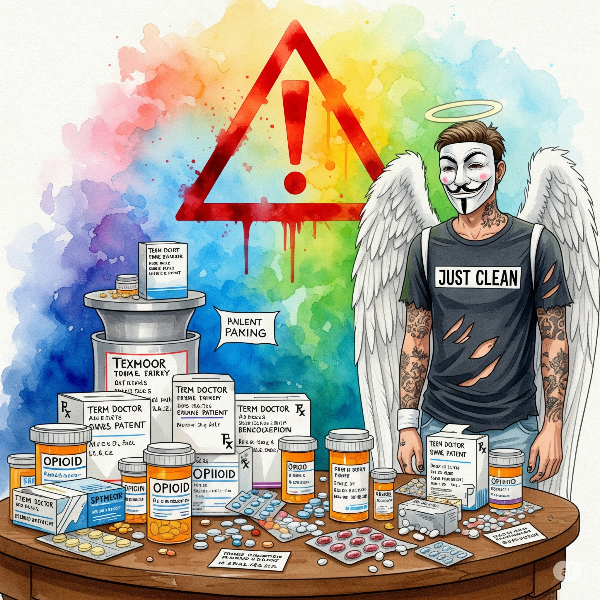 Ein Foto eines Apothekertisches. Darauf liegen mehrere Rezepte von verschiedenen Ärzten für den gleichen Patienten und daneben mehrere Pillenschachteln (z.B. Opioide, Benzos). Darüber ist ein großes, rotes Warnsymbol. "Medikamentensucht", "Rezeptmissbrauch", "Polypharmazie Gefahr"