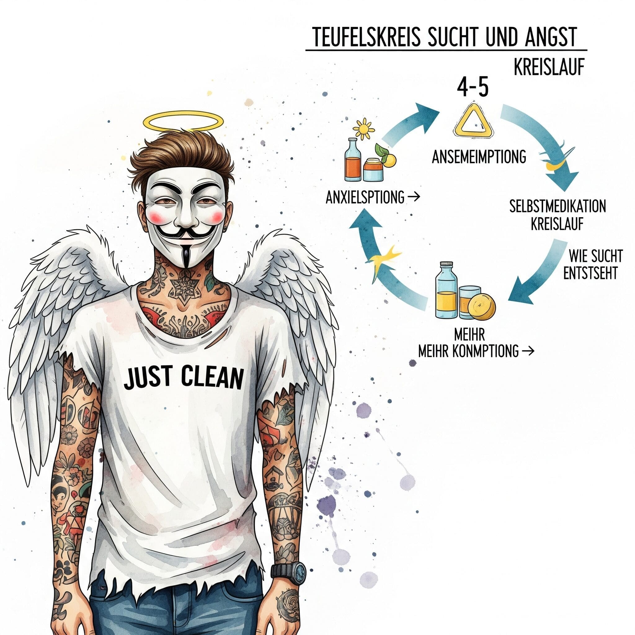 Eine klare Infografik, die diesen Teufelskreis als einen sich selbst verstärkenden Kreislauf mit den 4-5 Stationen (Angst -> Konsum -> Erleichterung -> Verstärkte Angst -> mehr Konsum) darstellt. "Teufelskreis Sucht und Angst", "Selbstmedikation Kreislauf", "wie Sucht entsteht"