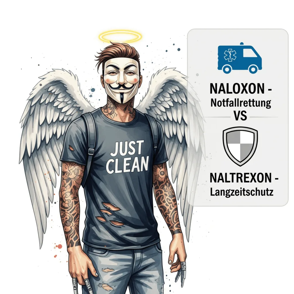 Eine klare Infografik mit zwei Symbolen. Links ein Rettungswagen oder ein Defibrillator mit der Aufschrift "NALOXON - Notfallrettung". Rechts ein großer, starker Schild mit der Aufschrift "NALTREXON - Langzeitschutz". Symbolisiert den fundamentalen Unterschied. "Unterschied Naloxon Naltrexon", "Opioid-Antagonist", "Notfallmedikament Überdosis"