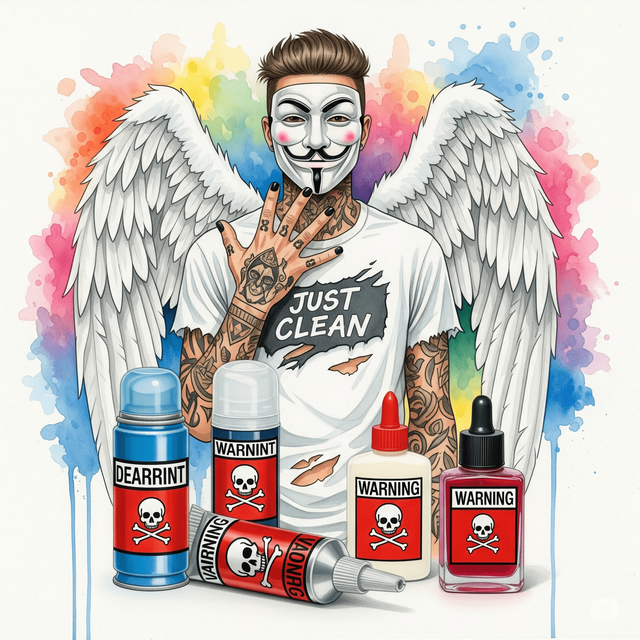 Ein Foto von alltäglichen Haushaltsprodukten – eine Deo-Dose, eine Tube Kleber, eine Flasche Nagellackentferner – die aber mit großen, roten und unübersehbaren Warn-Etiketten (wie für Giftstoffe ☠️) beklebt sind. "Gefahren von Inhalationsmitteln", "Deo schnüffeln", "giftige Haushaltsmittel"