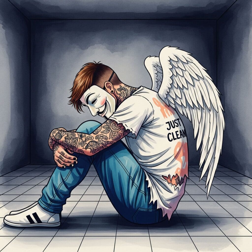 Eine Person sitzt allein in einem dunklen, leeren Raum, die Knie angezogen, den Kopf gesenkt. Symbolisiert die Isolation und die Schwere eines kalten Entzugs."kalter Entzug Risiken", "allein im Drogenentzug", "Depression Entzug"