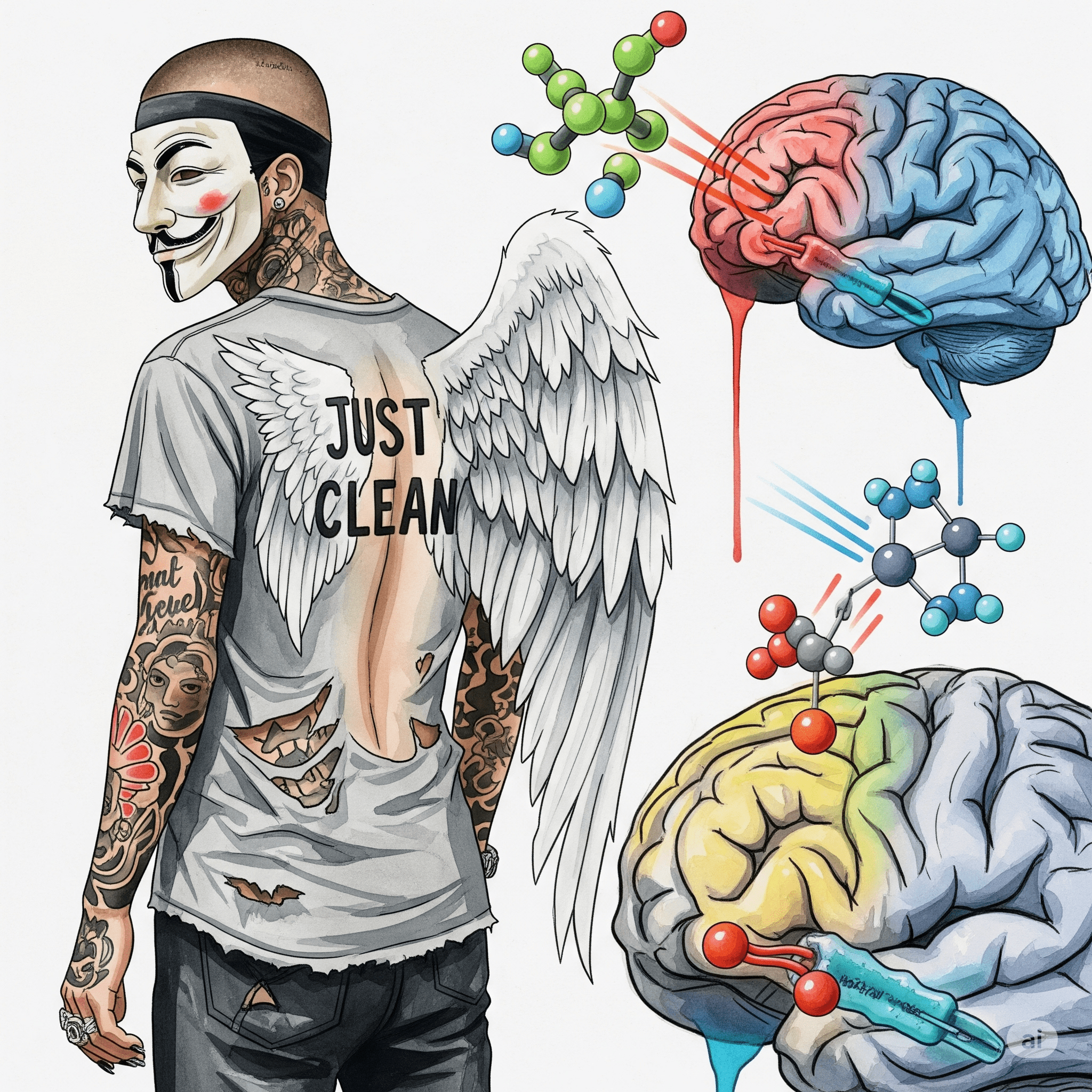 Eine Grafik eines Gehirns. Zwei verschiedene Moleküle (eins für die Opioid-Wirkung, eins für die Serotonin/Noradrenalin-Wirkung) fliegen auf das Gehirn zu und docken an unterschiedlichen Stellen an. Symbolisiert die duale Wirkungsweise. "Wirkung von Tramadol", "dualer Wirkmechanismus", "Opioid und Antidepressivum"