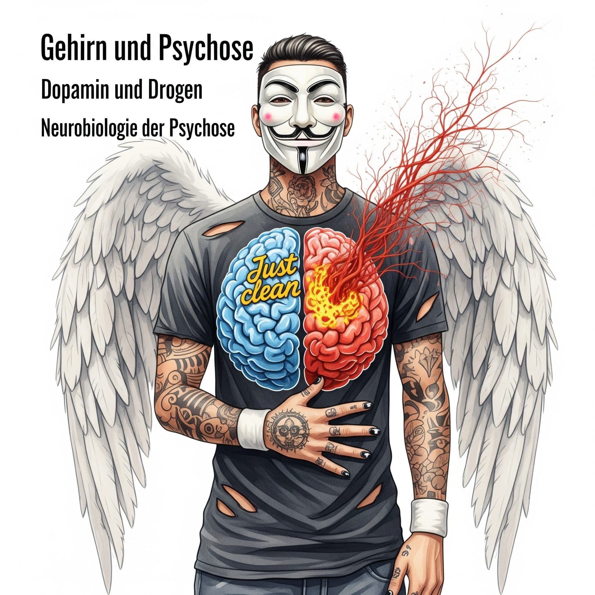 Eine stilisierte Grafik eines Gehirns. Ein Teil des Gehirns ist normal, der andere Teil ist überhitzt, rot und zeigt chaotische, fehlerhafte Verbindungen. Symbolisiert die gestörte Hirnfunktion. "Gehirn und Psychose", "Dopamin und Drogen", "Neurobiologie der Psychose"