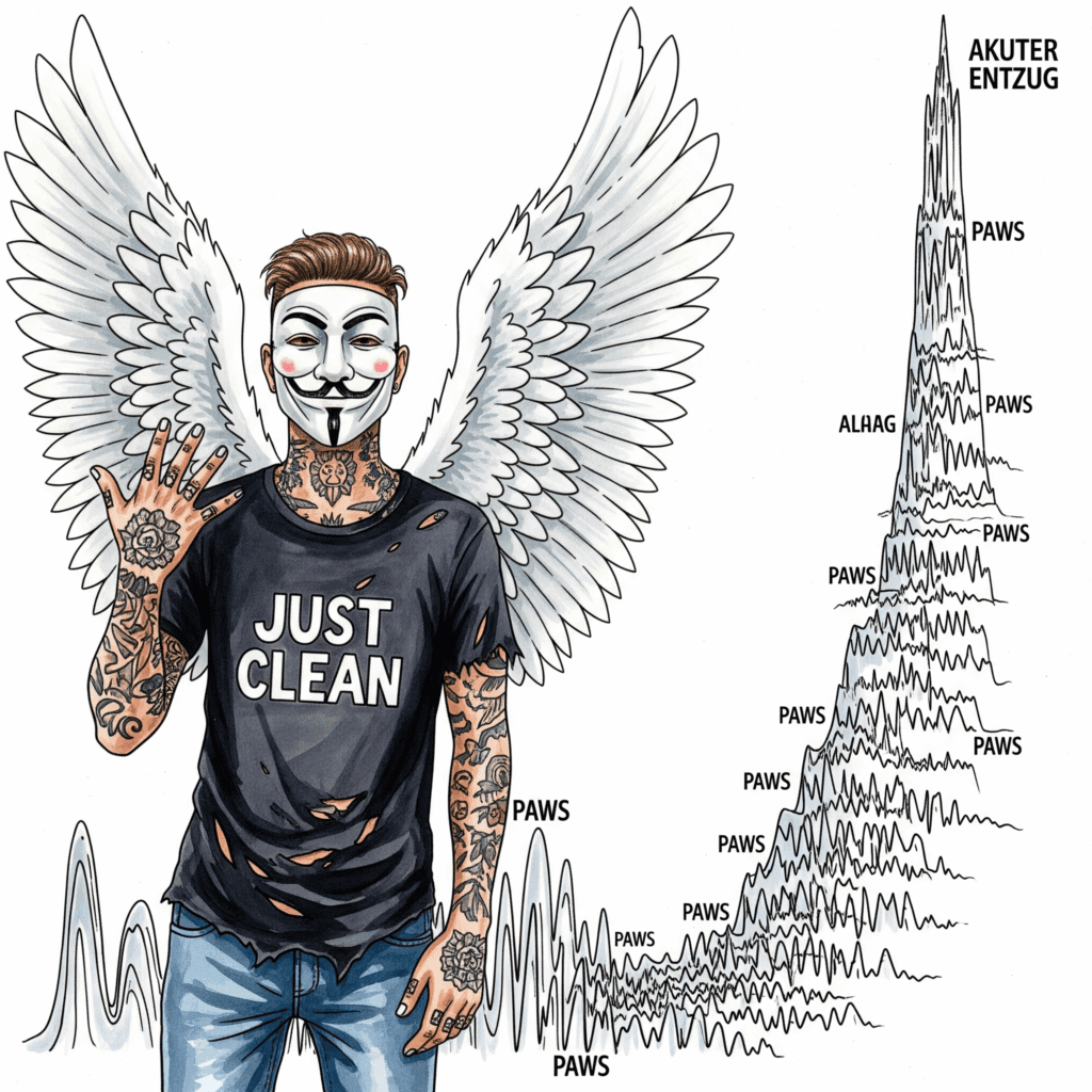Eine Grafik, die eine lange, wellenförmige Timeline zeigt. Die erste Welle am Anfang ist extrem hoch und steil ("Akuter Entzug"). Danach folgen über einen langen Zeitraum viele kleinere, unregelmäßige Wellen ("PAWS"). "Post-Akutes Entzugssyndrom", "PAWS bei Opiaten", "Langzeitfolgen Entzug"