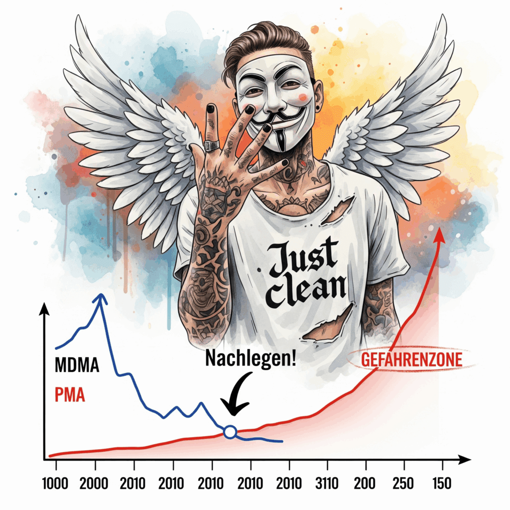 Eine Infografik, die eine Zeitachse zeigt. Bei MDMA steigt die Wirkungslinie schnell an. Bei PMA bleibt die Linie lange flach. An dem Punkt, wo die Linie flach ist, ist ein Pfeil mit "Nachlegen!". Danach schießt die PMA-Linie steil nach oben in eine rot markierte "GEFAHRENZONE". "PMA Wirkungseintritt", "Überdosierung durch Nachlegen", "PMA vs MDMA"