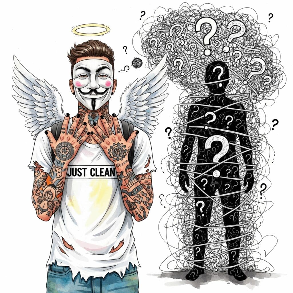 Die Silhouette einer Person, die in einem stilisierten, chaotischen "Gedanken-Käfig" aus wirren Linien und Fragezeichen gefangen ist. Symbolisiert die lähmende Wirkung einer Angststörung. "Symptome Angststörung", "gefangen in der Angst", "psychische Gesundheit"