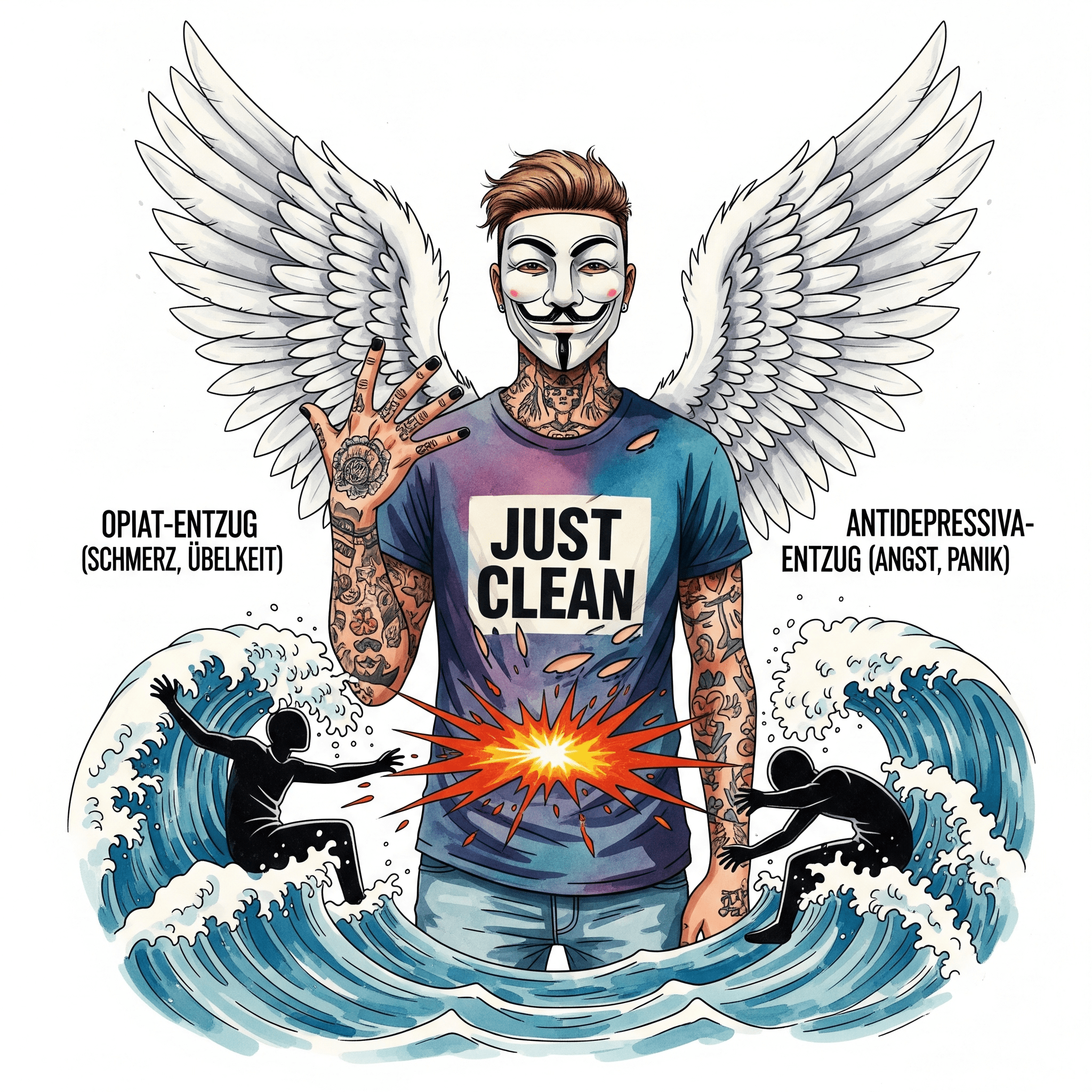 Eine stilisierte Grafik einer Person, die von zwei Seiten von Wellen getroffen wird. Eine Welle ist beschriftet mit "Opiat-Entzug (Schmerz, Übelkeit)", die andere mit "Antidepressiva-Entzug (Angst, Panik)". Symbolisiert den doppelten Entzug. "Tramadol Entzug Symptome", "doppelter Entzug", "Absetzsymptome"