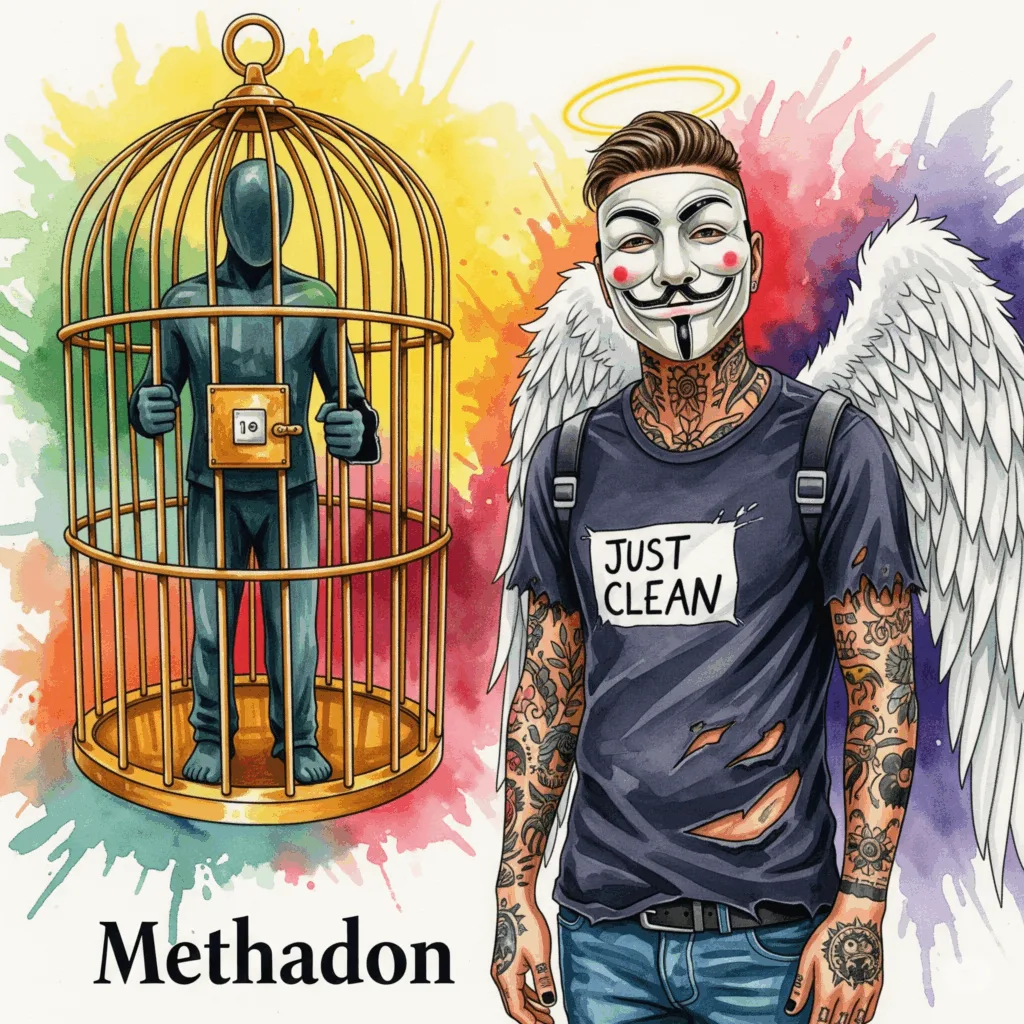 Eine stilisierte Grafik einer Person, die in einem goldenen, aber dennoch unüberwindbaren Käfig sitzt. Außerhalb des Käfigs ist das normale Leben zu sehen. Symbolisiert das Dilemma der Substitution. "goldener Käfig Methadon", "Abhängigkeit von Substitution", "Dilemma der Suchttherapie"