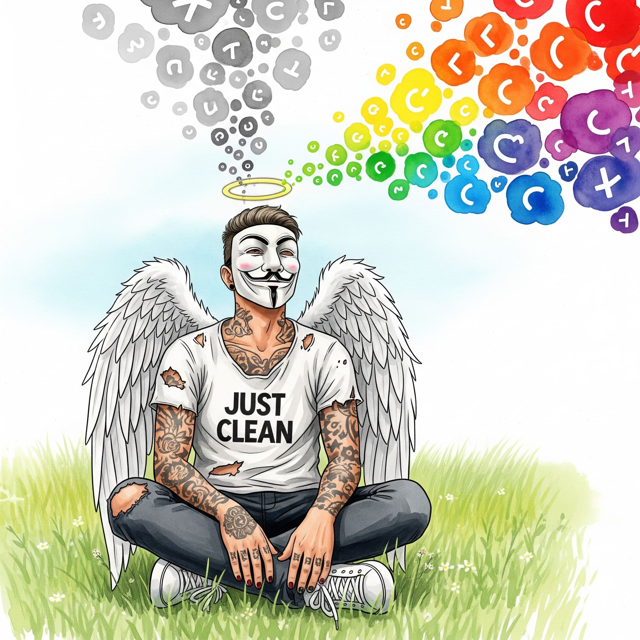 Ein junger Mensch (divers) sitzt entspannt auf einer Wiese, schaut nachdenklich, aber positiv in die Ferne. Vielleicht mit stilisierten, bunten "Gedankenblasen" 💭, die sich von Grau zu Bunt wandeln.
Keywords für Bild-Alt-Text: "KVT junge Leute Gedanken positive Veränderung"