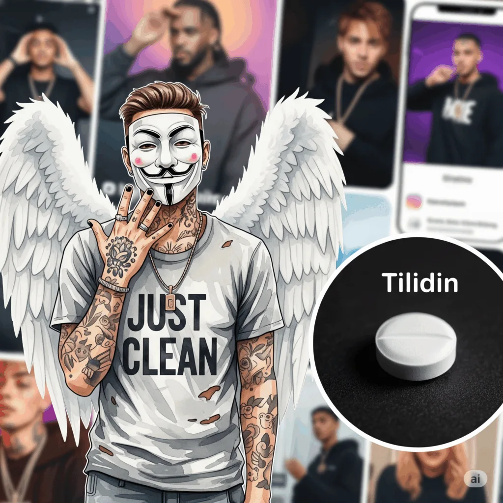 Ein düsteres Foto, das eine einzelne Tilidin-Tablette im Fokus zeigt. Im unscharfen Hintergrund sind stilisierte Deutschrap-Szenen oder Social-Media-Feeds zu sehen. Symbolisiert die Verherrlichung in der Popkultur. "Tilidin Deutschrap", "Capital Bra Tilidin", "Einstiegsdroge"