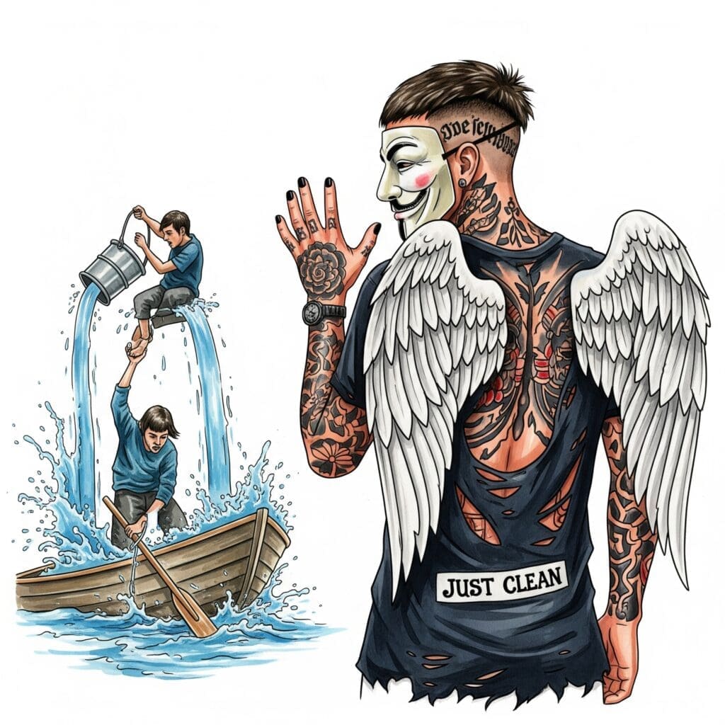 Eine Person, die versucht, ein sinkendes Boot (Symbol für die Sucht/den Süchtigen) mit einem kleinen Eimer auszuschöpfen, während das Wasser von allen Seiten eindringt. Symbol für die vergebliche Mühe und das Aufrechterhalten eines kaputten Systems.
Keywords: "Co-Abhängigkeit Sucht aufrechterhalten", "Vergebliches Helfen Sucht", "Co-Abhängigkeit Teufelskreis"