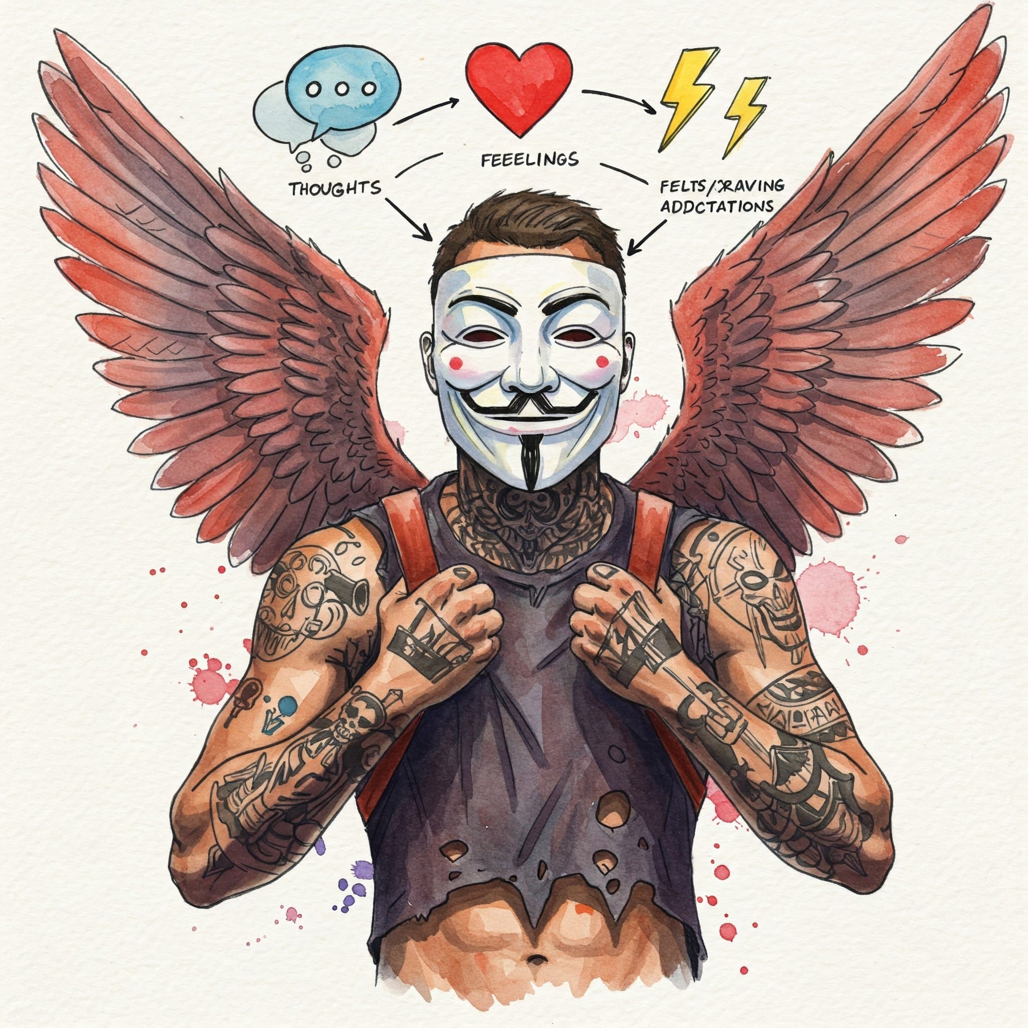 Eine Grafik oder ein Bild, das die Verbindung zwischen Gedanken (Sprechblase), Gefühlen (Herz/Emoji) und Verhalten/Craving (Blitz/Pfeil) symbolisiert. Keywords: Psyche Sucht, Gedanken Craving, Gefühle Sucht, Konditionierung Sucht, psychologische Faktoren