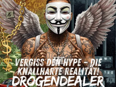 Header-Bild. Collage oder geteiltes Bild: Links ein Ausschnitt aus einem übertriebenen Hip-Hop-Video (Goldketten, Geldbündel, teures Auto), rechts ein düsteres, realistisches Bild (Handschellen, graue Plattenbausiedlung, Gitterstäbe). Keywords für Alt-Text: Drogendealer Hype vs Realität, Hip Hop Klischee Drogenhandel, Gefahren Drogen verkaufen
