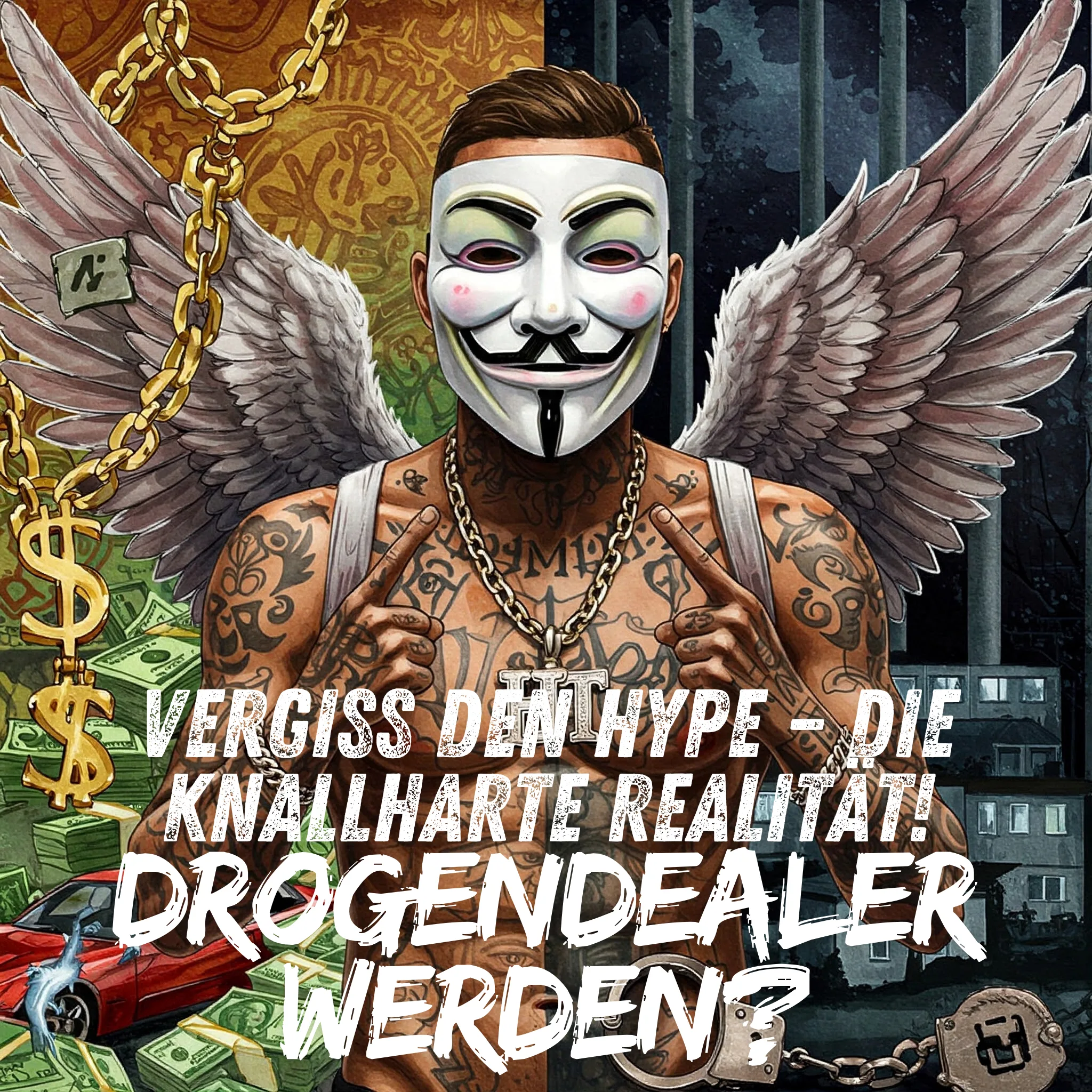 Header-Bild. Collage oder geteiltes Bild: Links ein Ausschnitt aus einem übertriebenen Hip-Hop-Video (Goldketten, Geldbündel, teures Auto), rechts ein düsteres, realistisches Bild (Handschellen, graue Plattenbausiedlung, Gitterstäbe). Keywords für Alt-Text: Drogendealer Hype vs Realität, Hip Hop Klischee Drogenhandel, Gefahren Drogen verkaufen
