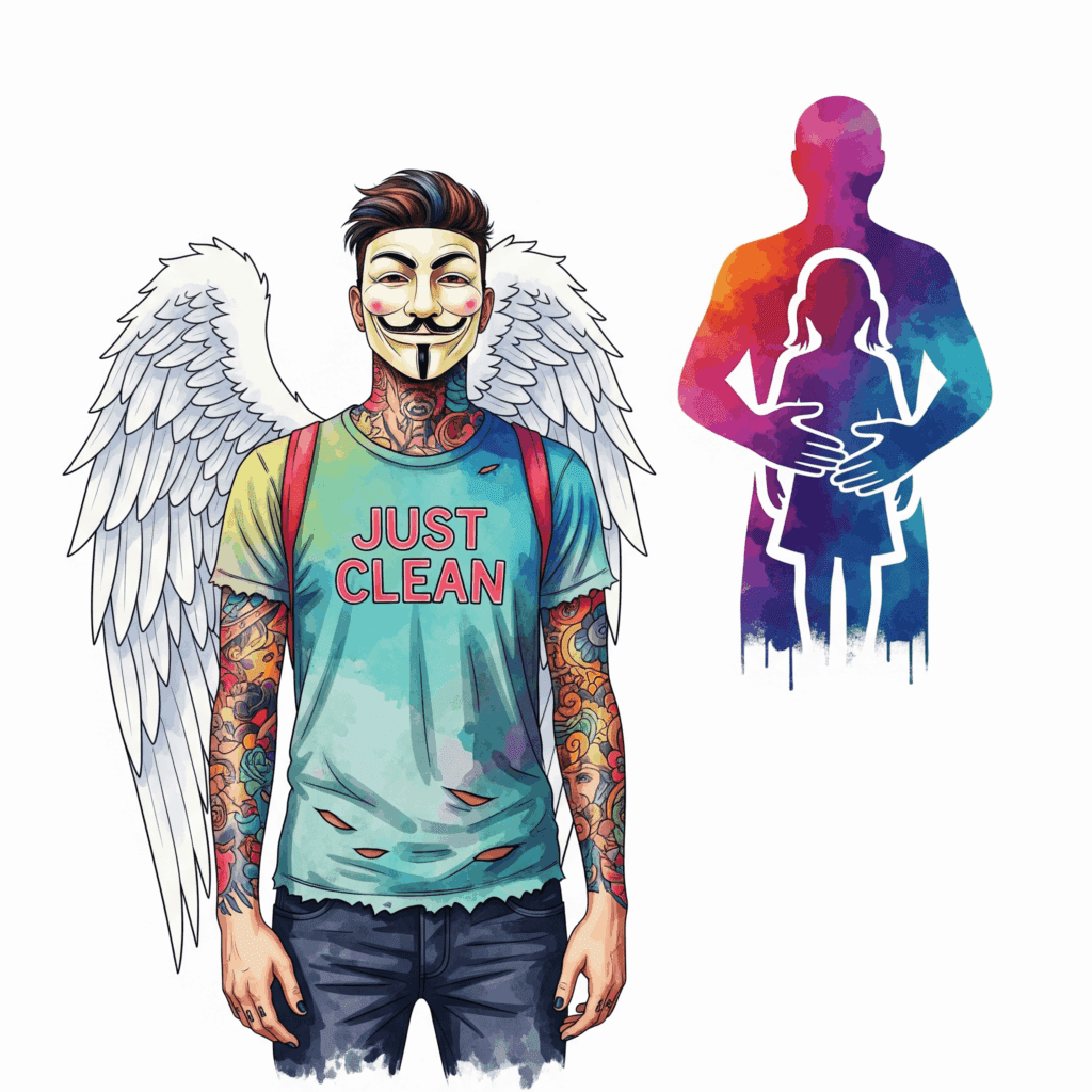 Eine stilisierte Grafik einer Person, die schützend die Arme um die Silhouette eines Kindes legt. Die Geste ist stark und entschlossen. Symbolisiert den absoluten Fokus auf den Schutz der Kinder. "Kinder vor Gewalt schützen", "Sicherheit in der Familie", "alkoholbedingte Gewalt"