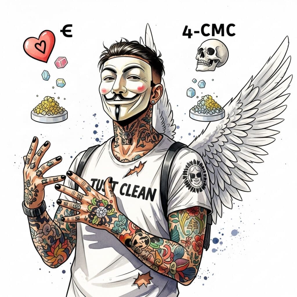 Zwei identisch aussehende Ecstasy-Pillen oder kleine Haufen mit Kristallen. Über der einen schwebt ein Herz-Symbol ❤️ (für MDMA), über der anderen ein Totenkopf-Symbol ☠️ (für 4-CMC). Symbolisiert die optische Ununterscheidbarkeit und die versteckte Gefahr. "MDMA Fälschung", "4-CMC als Ecstasy", "Drug Checking wichtig"