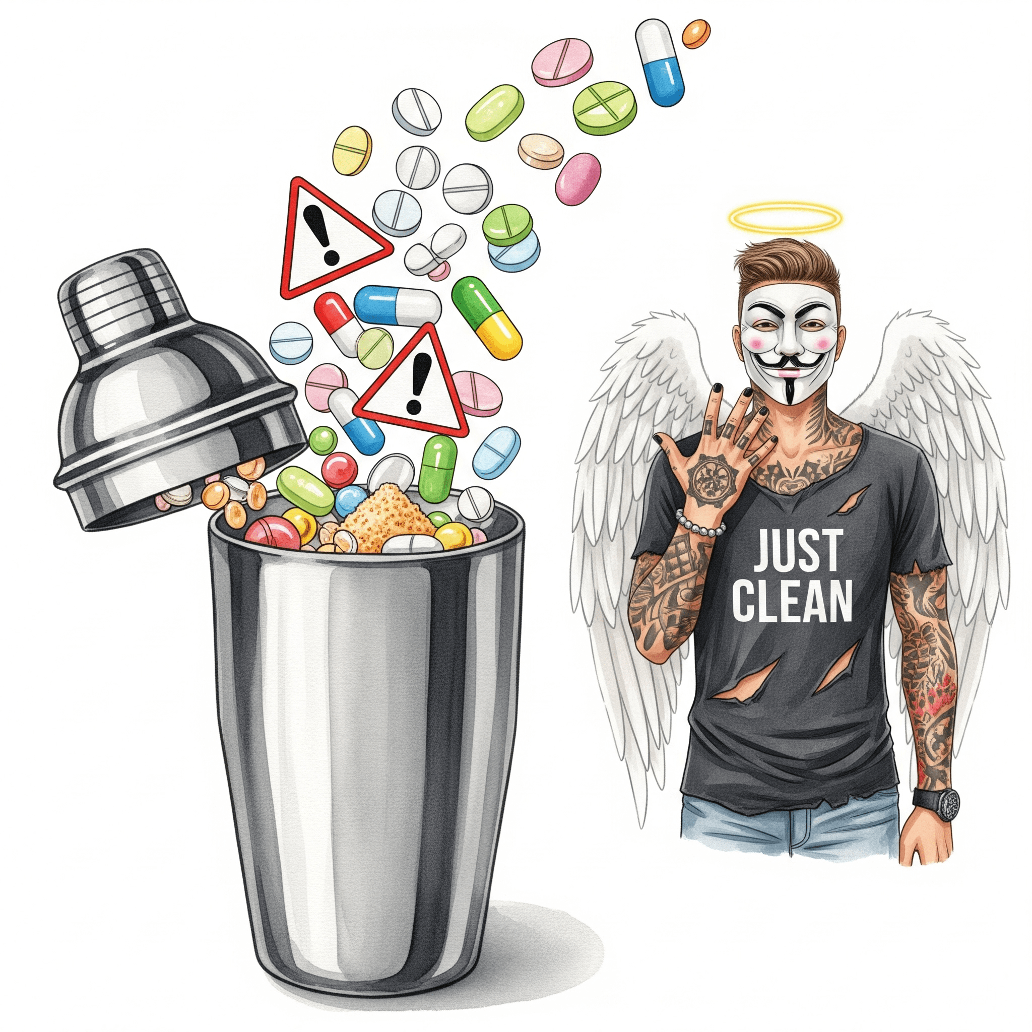 Eine Grafik, die einen Cocktail-Shaker zeigt. In den Shaker werden aber keine Getränke, sondern verschiedene Pillen, Pulver und Warnsymbole ⚠️ geworfen. Symbolisiert den gefährlichen, unberechenbaren Mix. "Gefahr von Mischkonsum", "Risiken Pink Panther Powder", "Drogen-Cocktail"