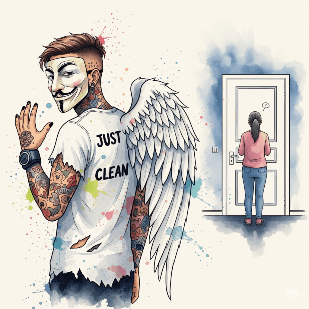 Eine stilisierte Grafik einer geschlossenen Zimmertür. Ein Elternteil steht unsicher davor und zögert, anzuklopfen. Symbolisiert die Angst und Unsicherheit vor dem Gespräch. "Gespräch mit Kind über Drogen", "Sorgen als Eltern", "Anzeichen für Sucht"
