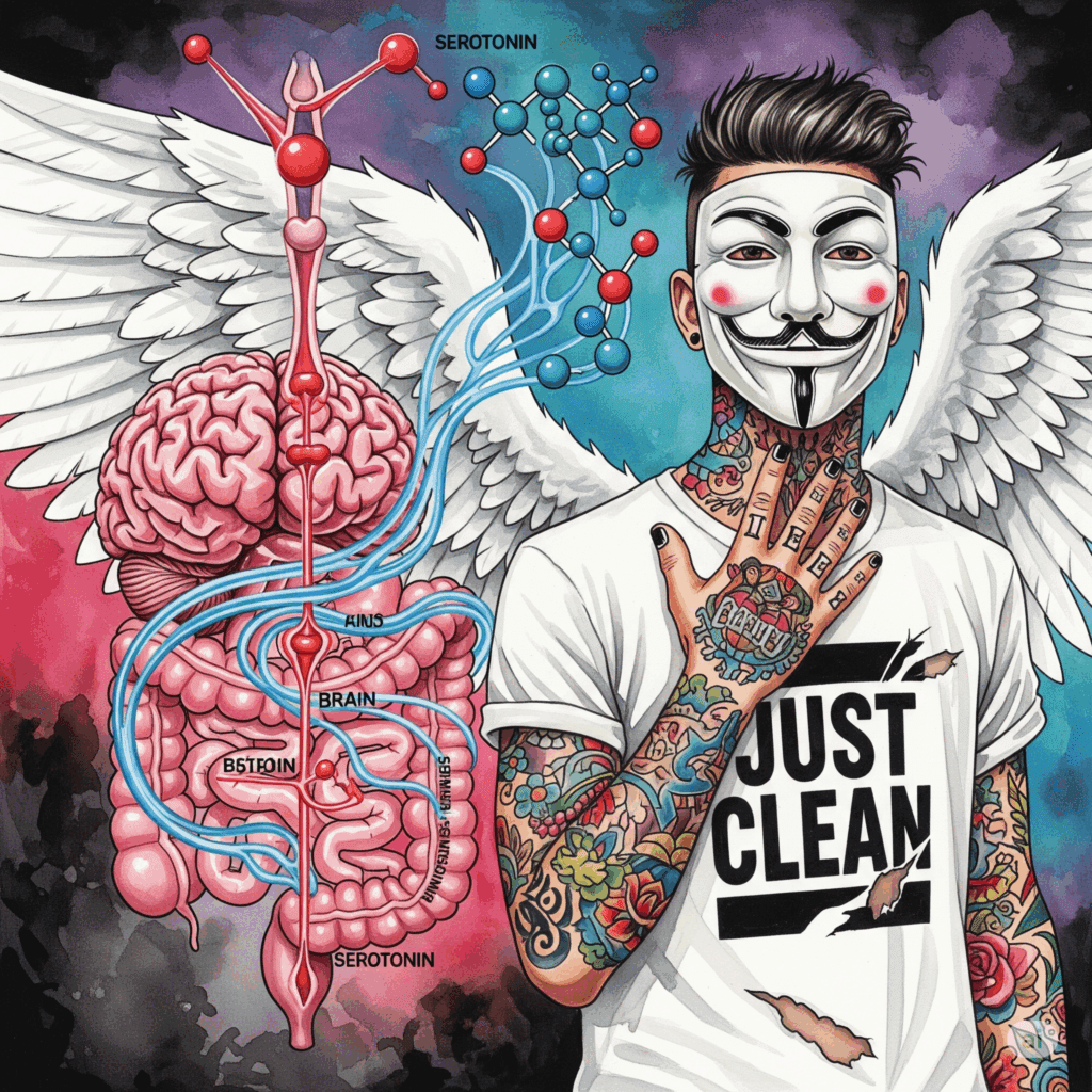 Eine stilisierte Grafik, die eine Verbindung zwischen einem Gehirn und einem Darm zeigt. Entlang dieser Verbindung fließen Serotonin-Moleküle. Symbolisiert die Darm-Hirn-Achse. "Serotonin und Darm", "Darm-Hirn-Achse", "Neurotransmitter"