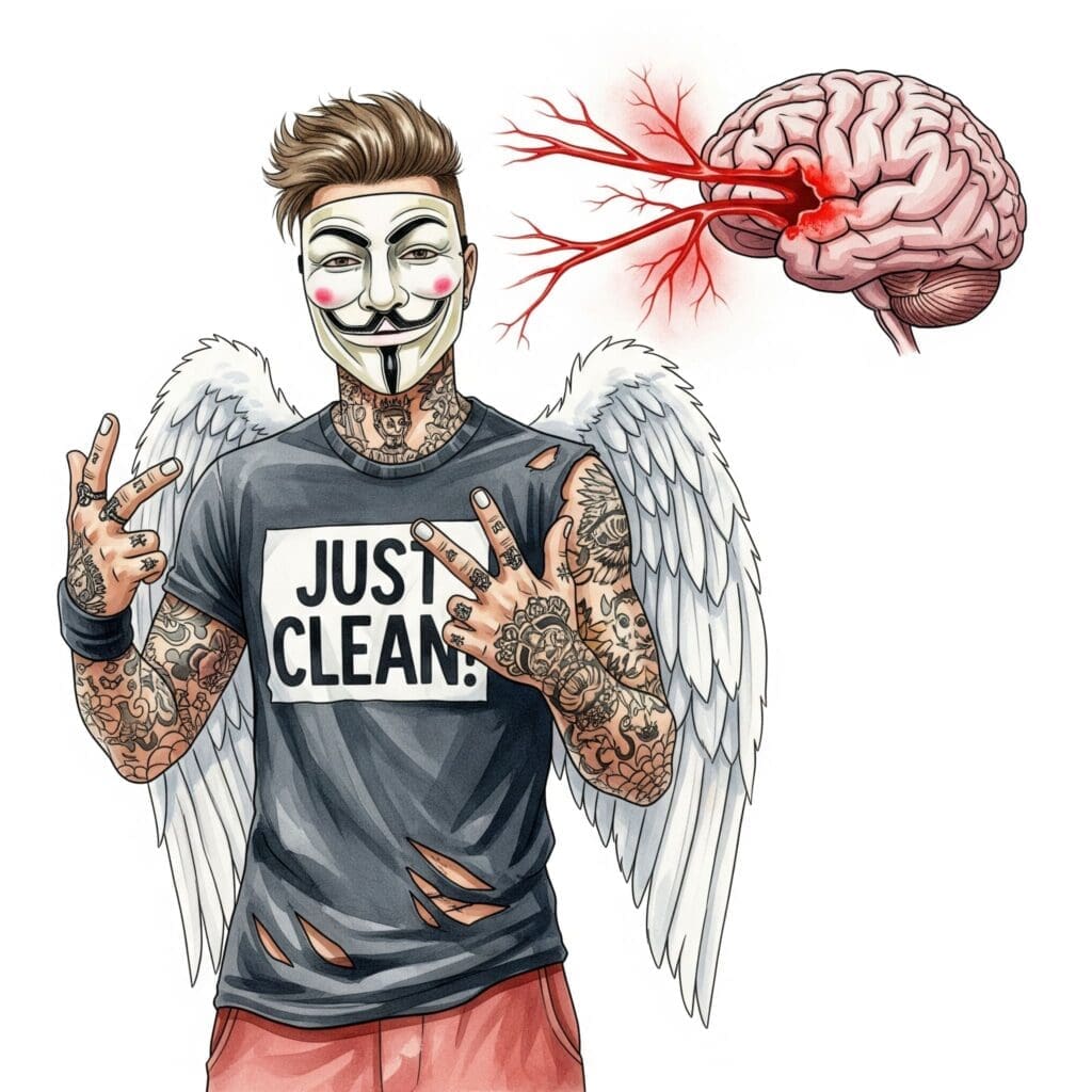 Eine Grafik eines Gehirns, in dem eine Arterie rot aufleuchtet und an einer Stelle blockiert oder geplatzt ist. Symbolisiert die beiden Arten von Schlaganfällen. "ischämischer Schlaganfall", "hämorrhagischer Schlaganfall", "Hirnblutung durch Drogen"
